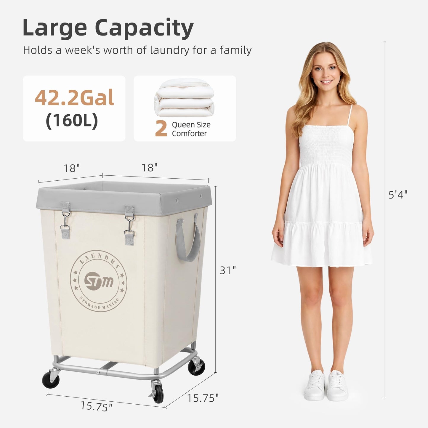 STORAGE MANIAC Commercial Laundry Hamper with Heavy Duty Steel Frame, 160 L Industrial Laundry Basket Cart with Wheels for Hotel, Home, Laundry Room, 18''L x 18''W x 31''H, Medium Beige