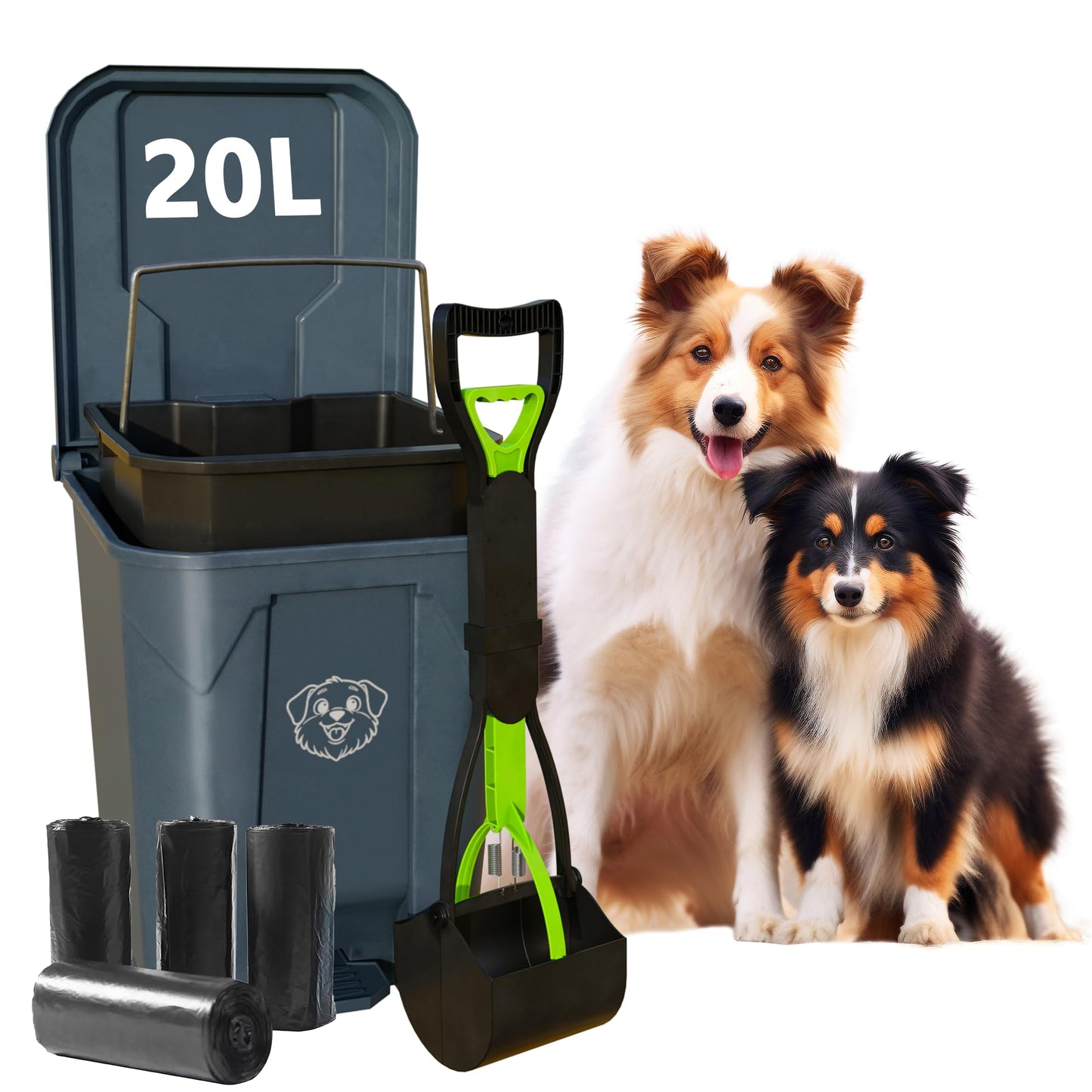 LNYBJS Outdoors Pet Waste Station 20L/5 Gallon Dog Poop Trash Can with Lid – Foot Pedal, Removable Inner Bin,Includes 200 Bonus Waste Bags & Long Handle Green Pooper Scooper