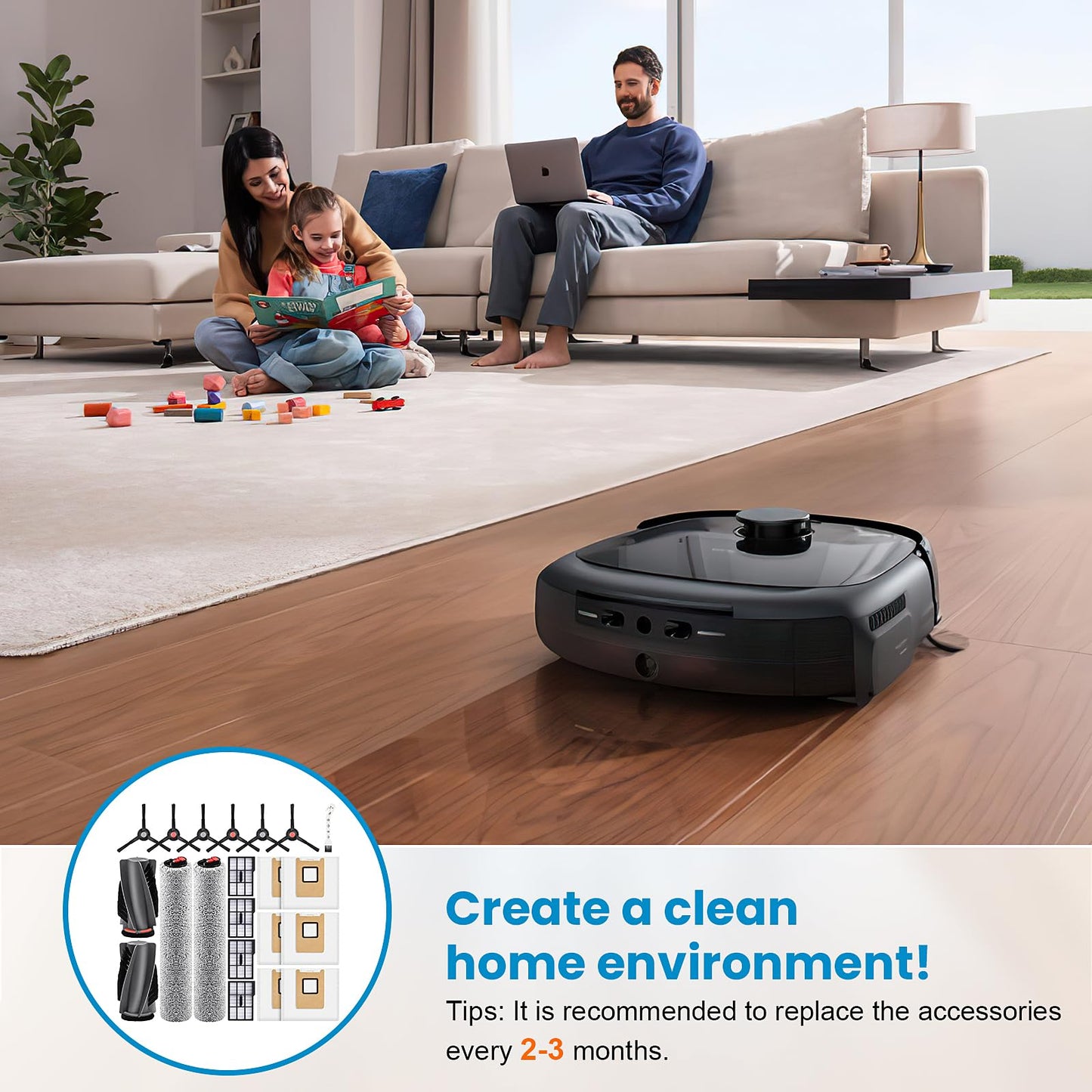 21 Pack Accessories Kit Compatible with eufy E28 Omni / E25 Omni Robot Vacuum, Replacement Parts include 1 Set(2) Main Brushes, 6 Dust Bags, 4 Filters, 2 Roller Mops, 6 Side Brushes, 1 Cleaning Tool