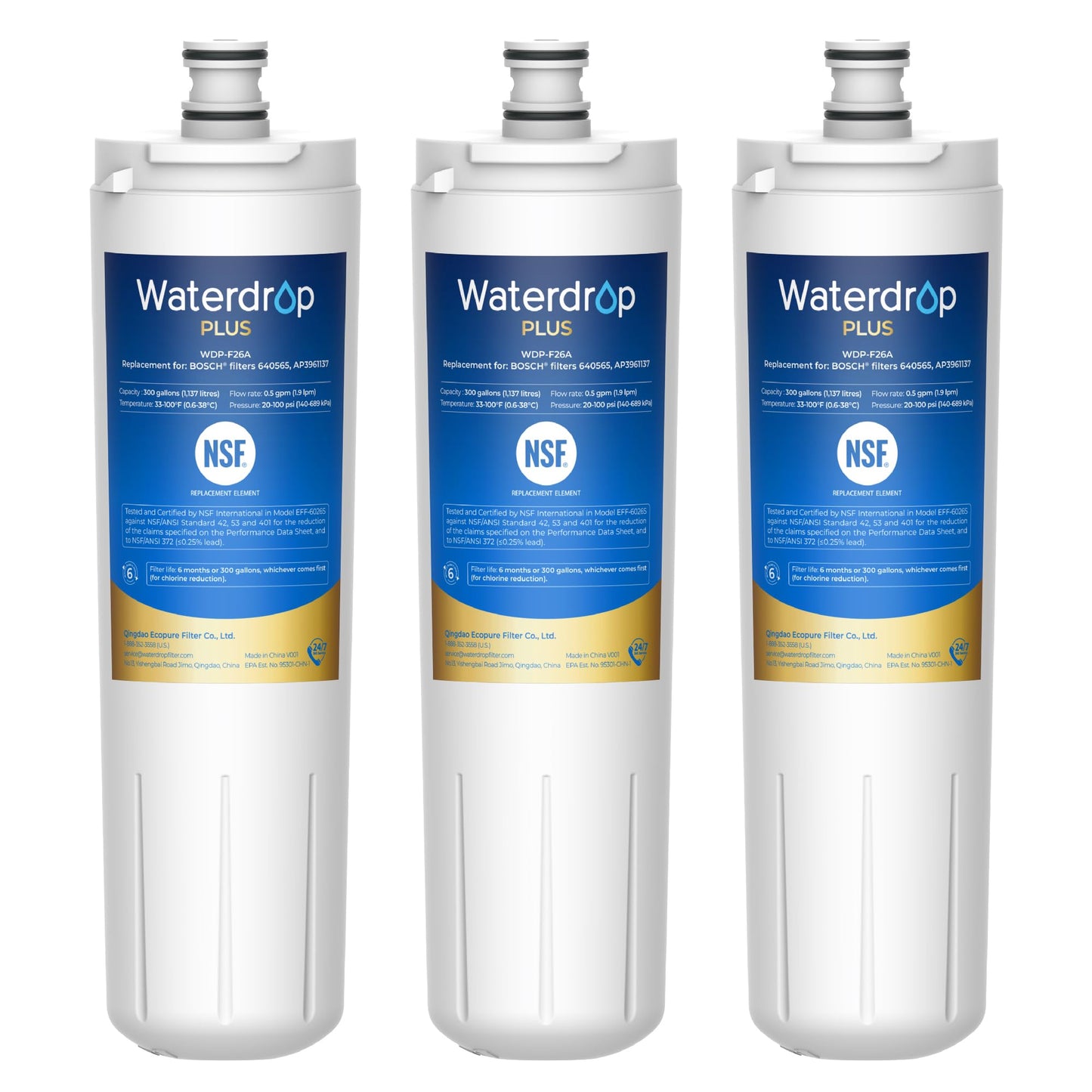 Waterdrop Plus 640565 Refrigerator Water Filter, Reduce Lead&PFAS, Replacement for Bosch® 640565, NSF 401, 53 & 42 Certified, 3 Filters