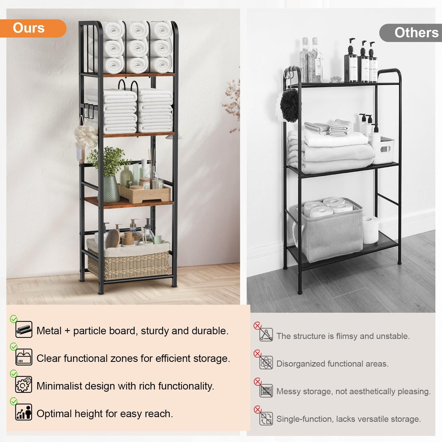 Snughome Towel Rack Free Standing 4-Tier M-Shaped Detachable Dividers, Metal Towel Storage Shelf for Bathroom, Pool Towel Rack Holder, Space-Saving Storage Organizer, Modern Bath Towel Storage Holder