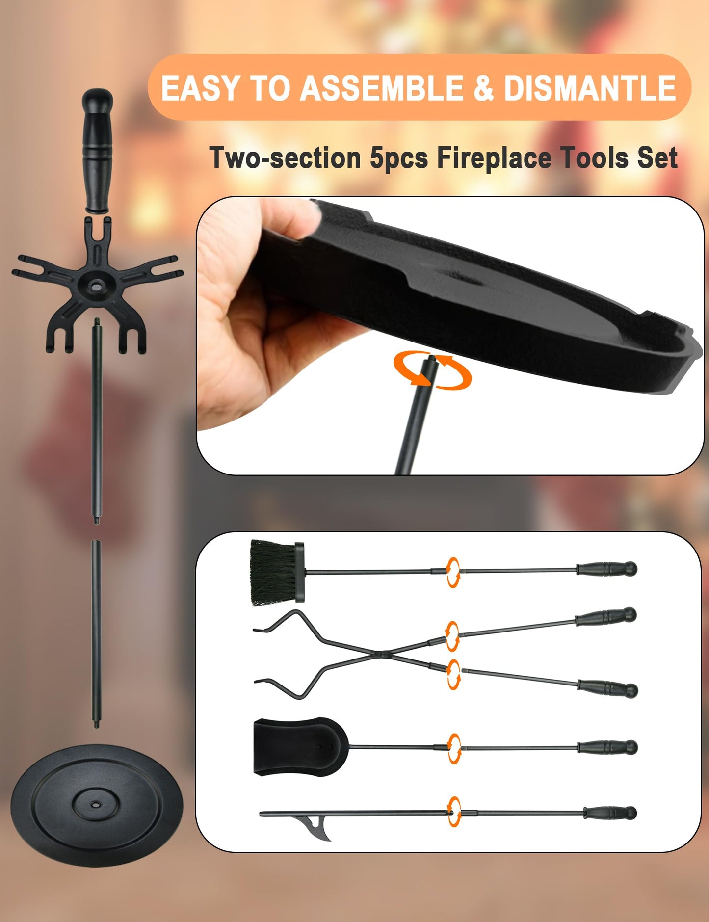 Tomersun Fireplace Tools 5 Pcs 31.5In Fireplace Tool Set Indoor Fireside Accessories Large Fire Place Tools Set Outdoor Fireplace Kit with Poker Shovel Tongs Brush, Stand