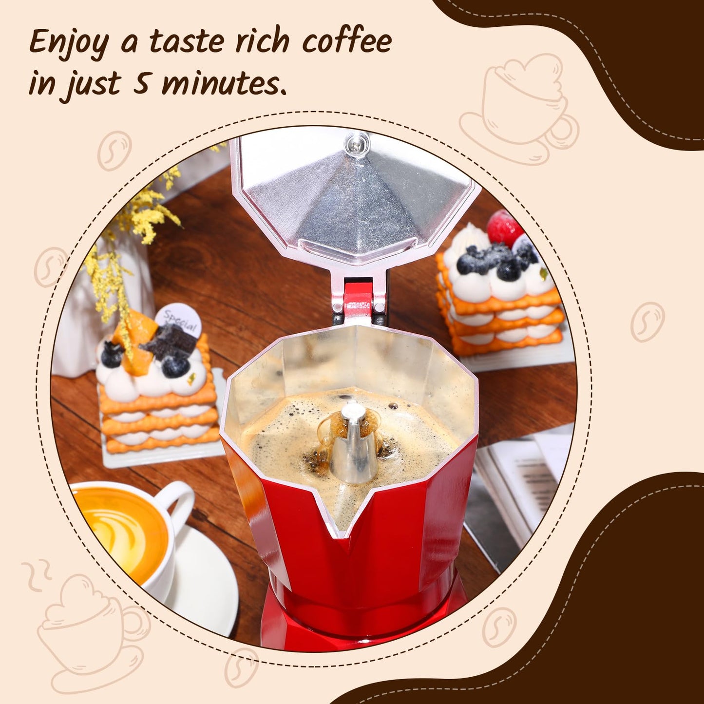 Lemosae Coffee Pot 6 Cup Electric Espresso Coffee Maker Italian Moka Maker 300ml Portable Aluminum Espresso Machine Cafetera Moka Pot with Detachable Base, Gift for Home Travel(Red)