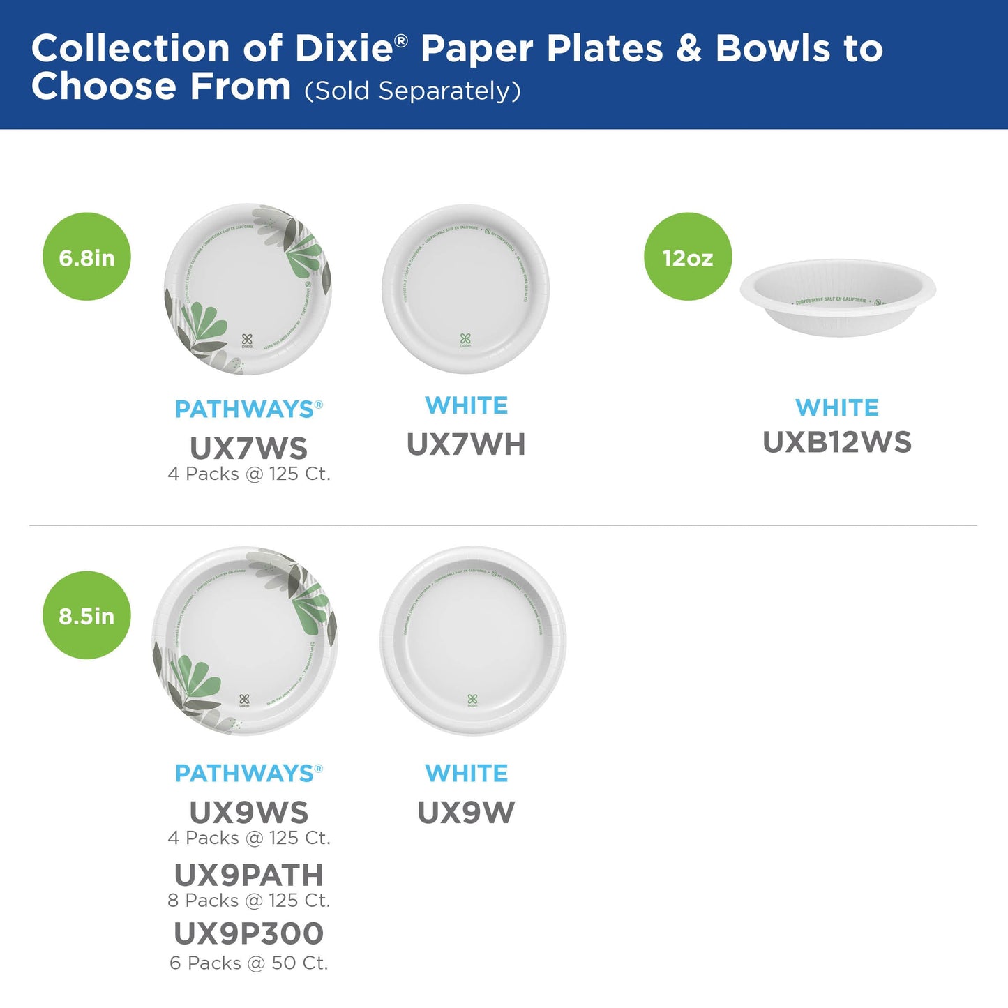 Dixie 8 1/2 Inch Medium-Weight Disposable Paper Plates, Pathways, 300 Count, Bulk Case, 6 Packs/50 Count Per Pack, (Georgia-Pacific #UX9P300)
