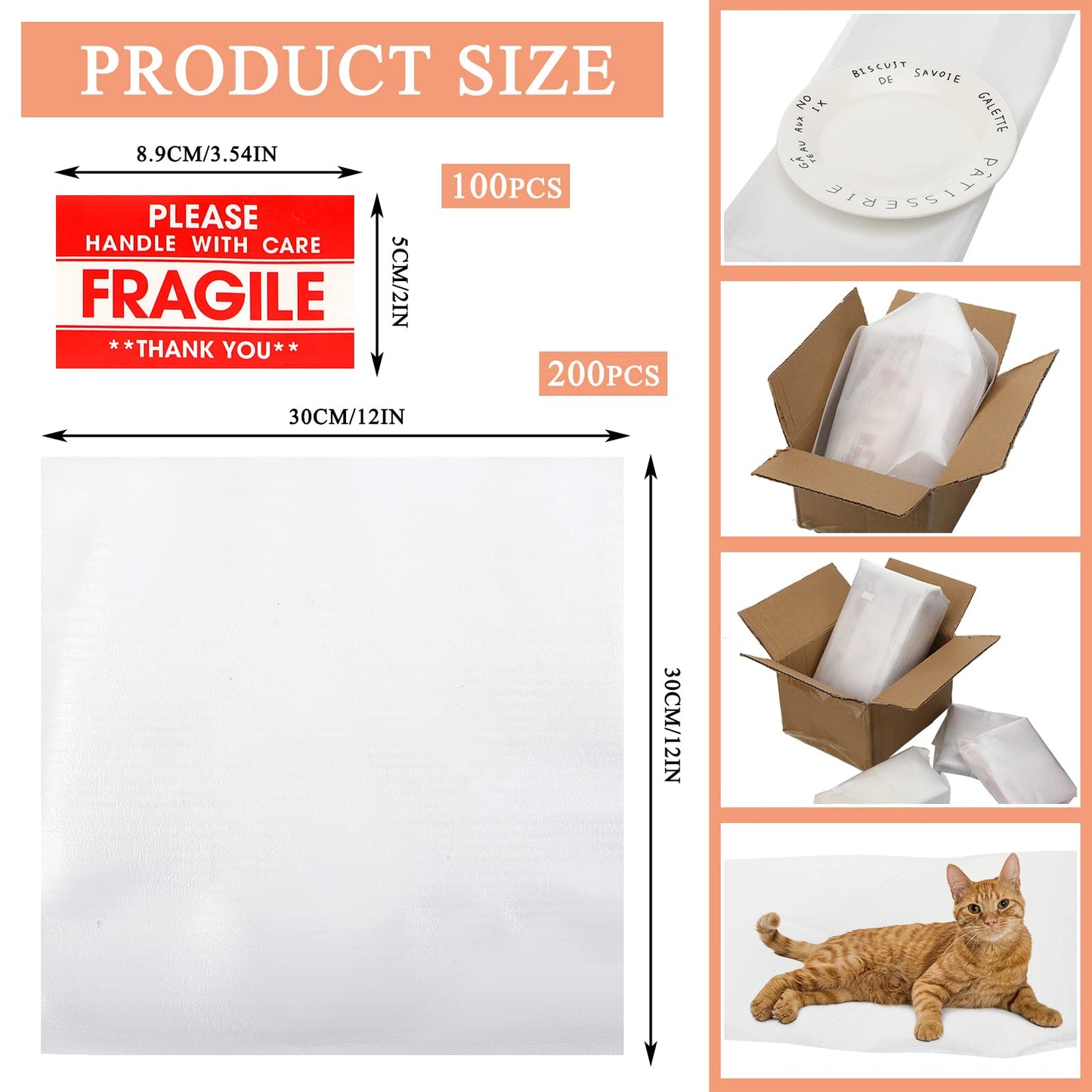 200 Pack 12 x 12 Inches Foam Sheets Cushioning Foam Sheets with 100 Pcs Fragile Labels for Moving Packing Supplies, Convenient to Use, Making Packaging and Transportation Easier, Packaging Material