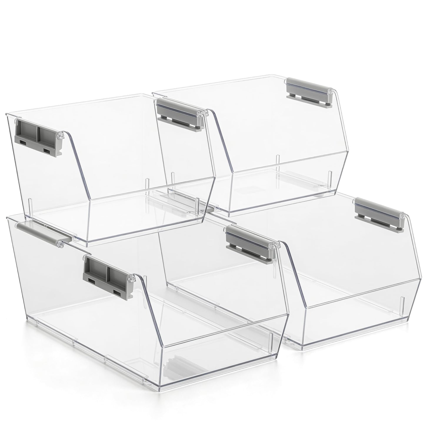 HOMESTEAD Set of 4 Stackable Storage Bins, 2 Large + 2 Small Clear Plastic Organizer Bins, Open Front Design for Kitchen Pantry, Fridge, Cabinet, Bathroom Organization and Snack Storage