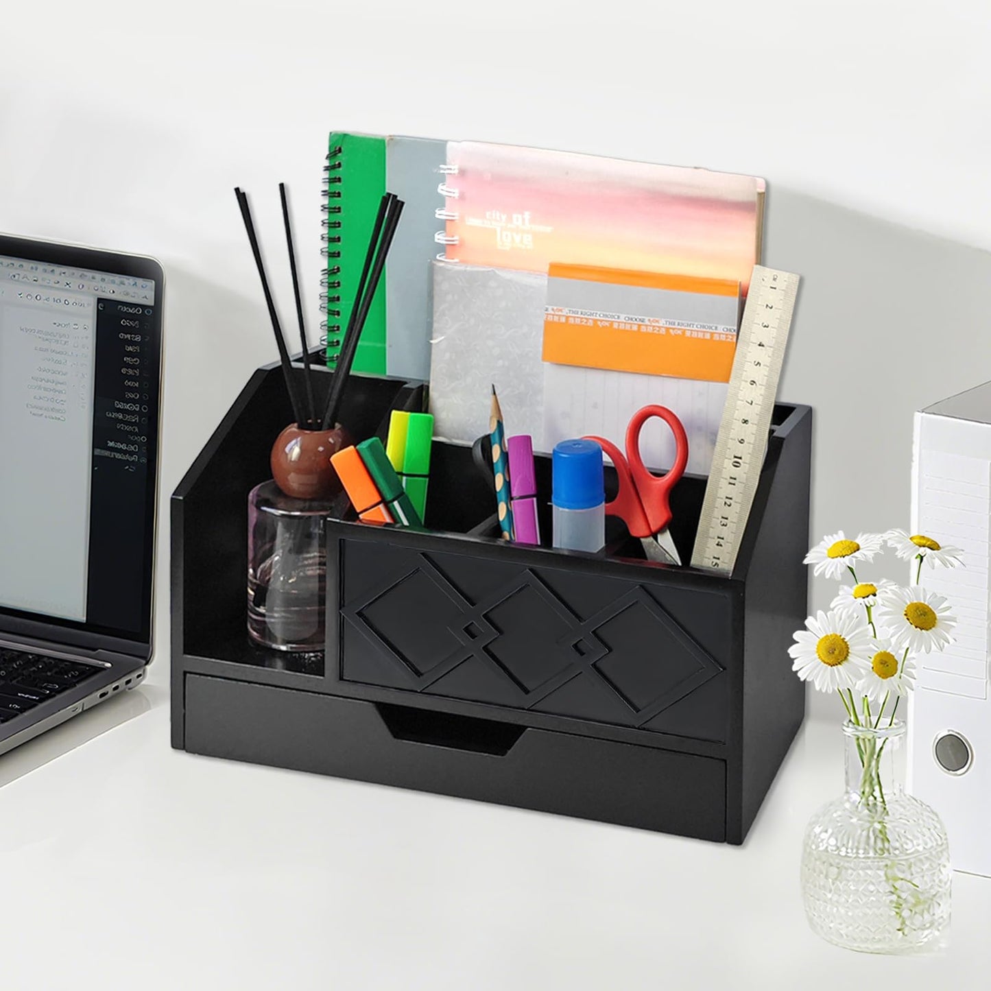 UUyuality Black Wooden Mail Organizer with Drawer, Three Tiered Desk Accessories for Office Organization and Storage, Stylish Countertop Document Storage, Home/Office/Classroom Supplies (Black02)