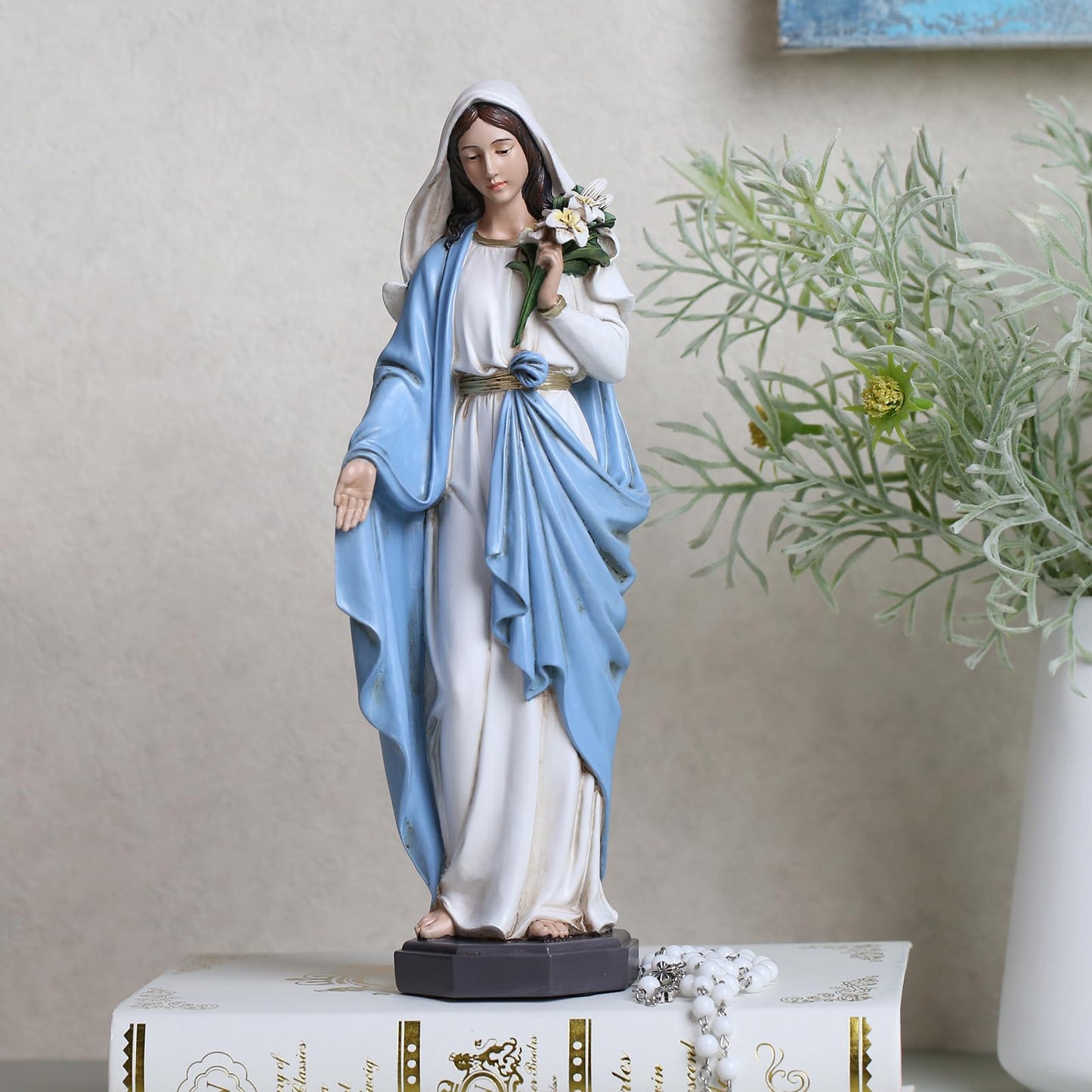 Grace4Joy Blessed Mother Mary Statue - 10 Inch Madonna Virgin Mary Statue Elegant Home Decor, Hand Painted Saint Mary Holding Lilies Figurines Renaissance Collection