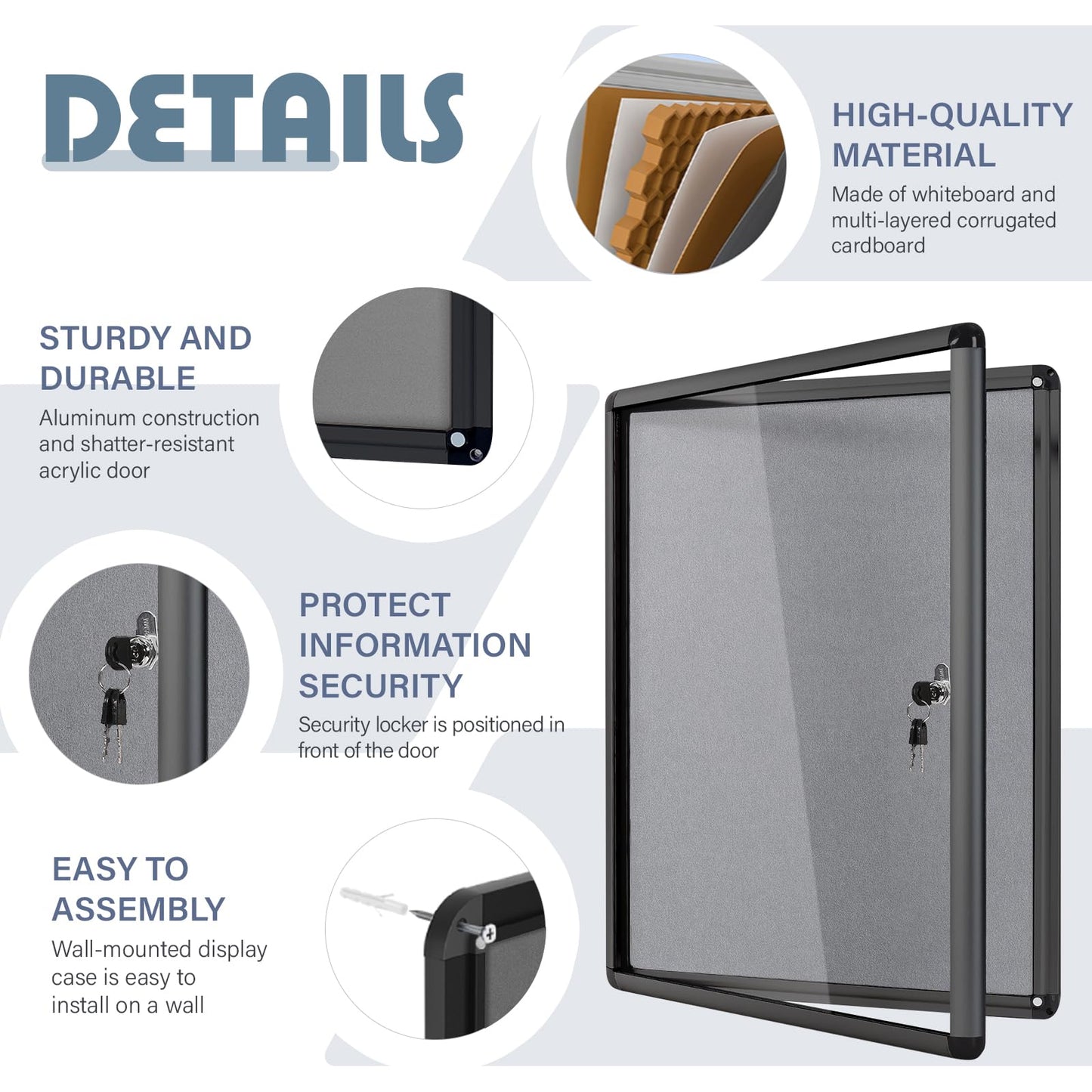 EVERSUPPLY Enclosed Bulletin Board 24x18 in, Lockable Felt Board Bulletin Board for Office School Home Commercial, Tamperproof and Shatter Resistant, Black Aluminum Frame, Grey Felt