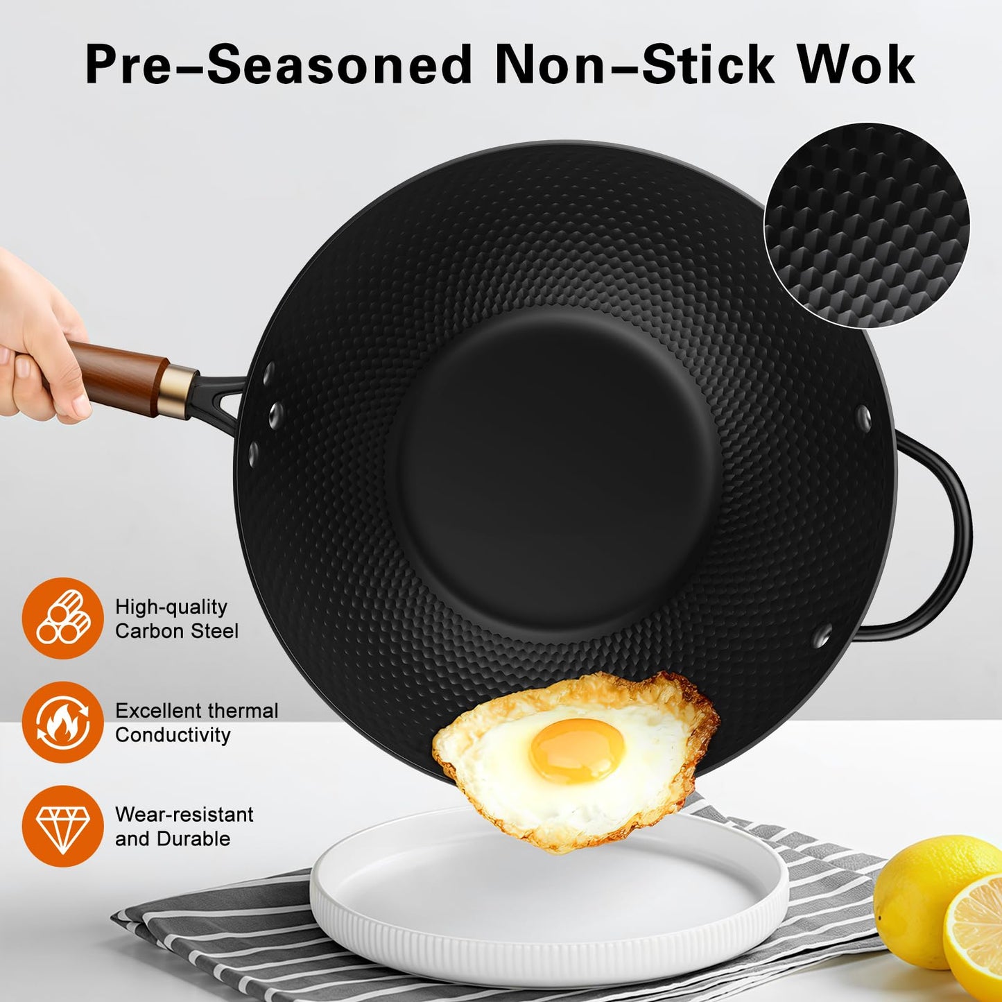 Todlabe 13-Inch Carbon Steel Wok Pan with Glass Lid, Naturally Nonstick Pre-Seasoned Woks & Stir-Fry Pans, No Chemical Coating, Flat Bottom for Induction, Gas, Electric, Halogen & All Stoves
