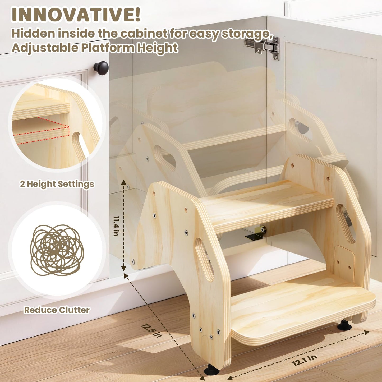 Hidden Toddler Step Stool, Height-Adjustable Kids 2-Step Stools, Wooden Step Stool for Toddlers for Bathroom Sink & Kitchen, Bathroom