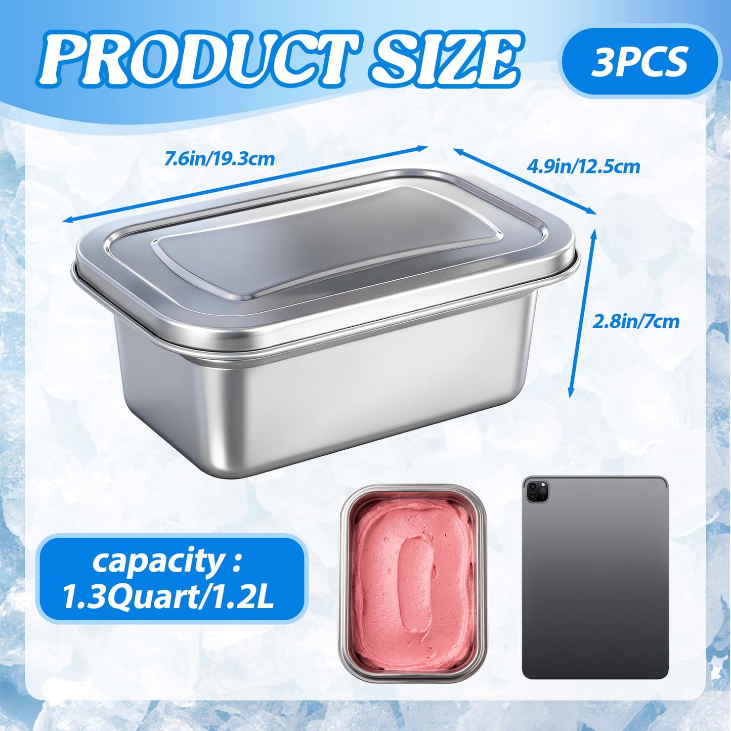 Singhoow 3 Pcs Reusable Stainless Steel Ice Cream Storage Containers with Lids 1.2 Quart Homemade Ice Cream Freezer Storage Ideal for Kitchen Use, Fruit, Freezer 7.6 x 4.9 x 2.8 Inch