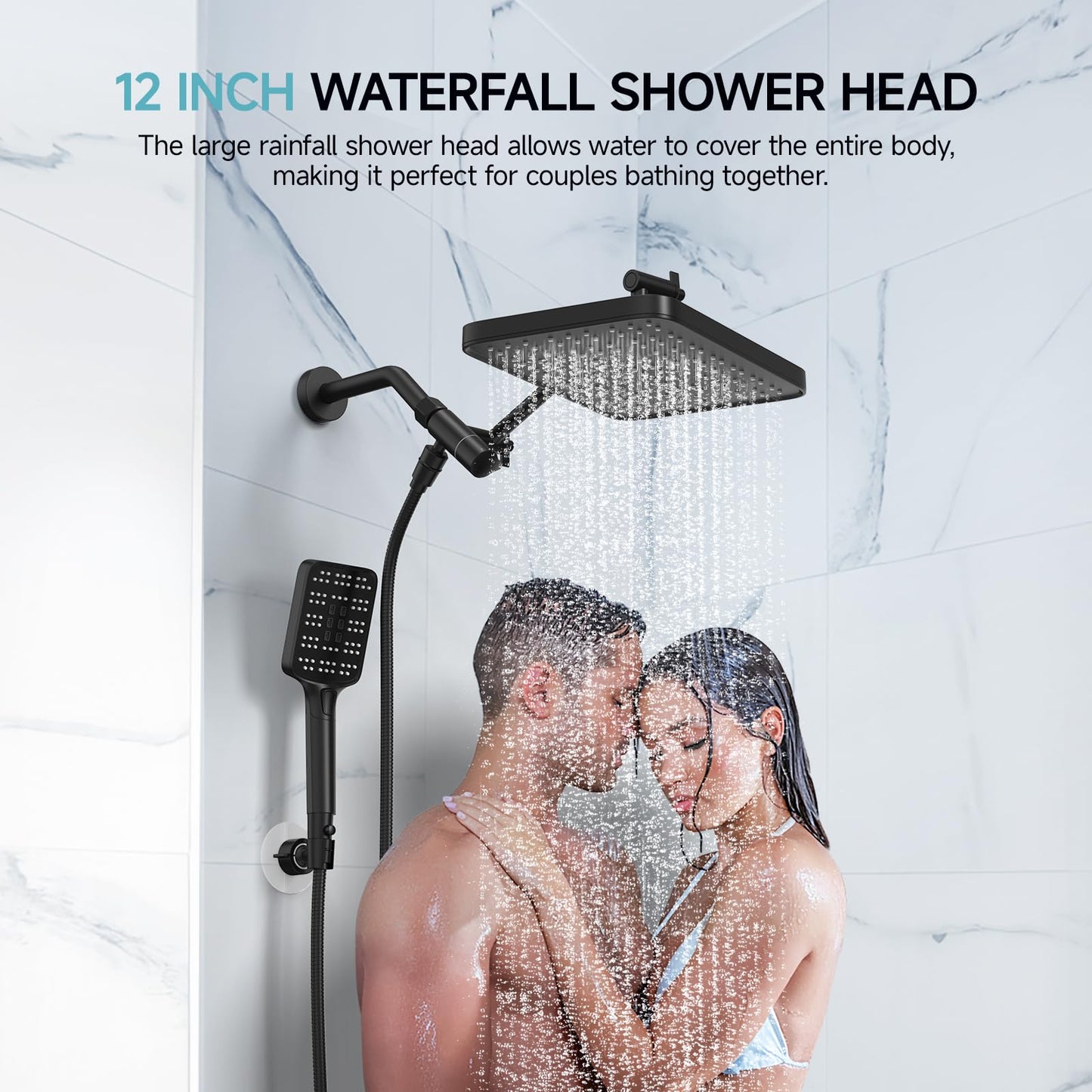 Rain Shower Head with Handheld Spray Combo Set, Adjustable 12" Rainfall Dual Shower Head, Double&Tandem Shower Head, Waterfall Showerhead Bathroom -Matte Black