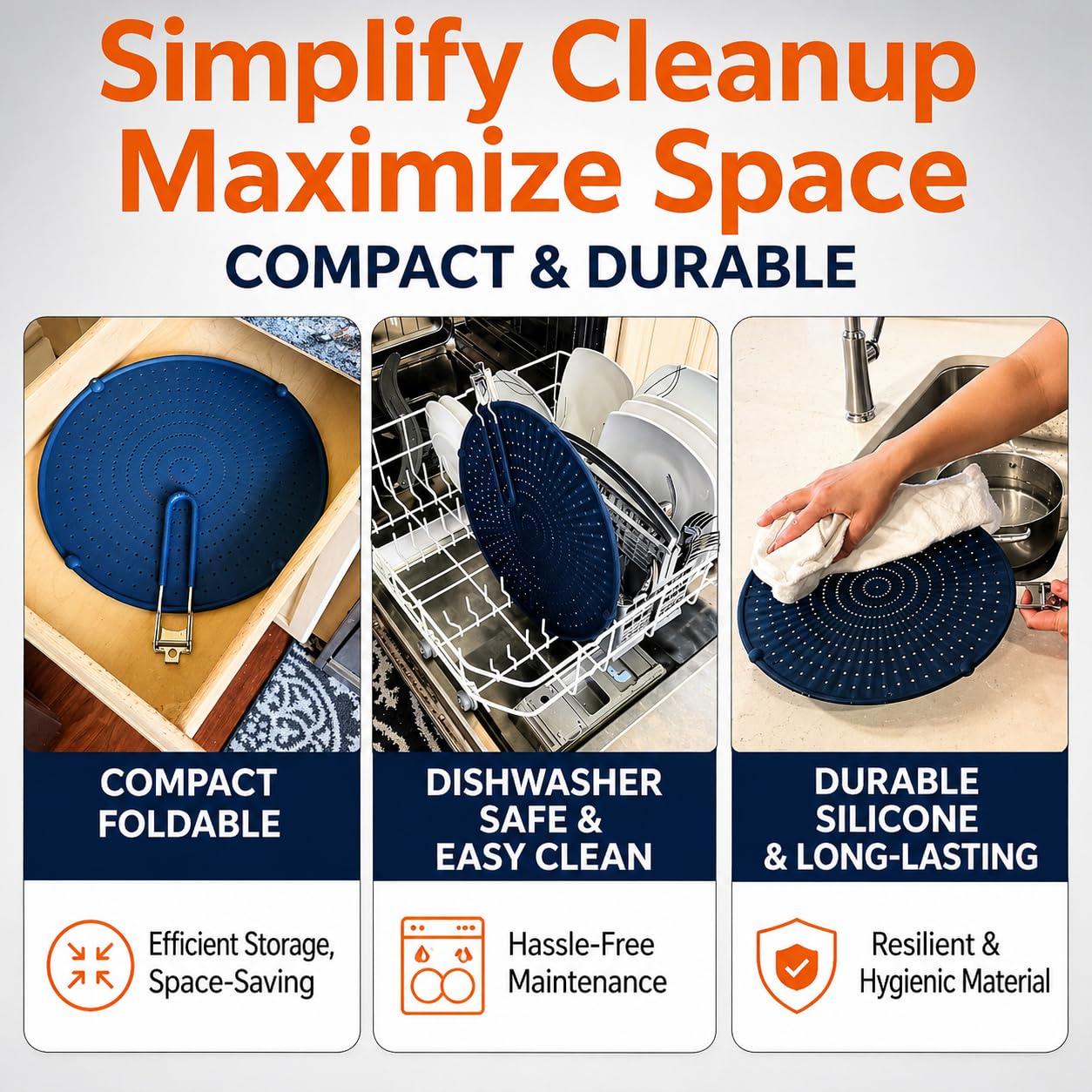 Silicone Splatter Screen for Frying Pan, 13” Navy – Grease & Oil Splatter Guard, Heat Resistant, Dishwasher Safe, Foldable Handle with Sleeves – Splash Guard Fits 10–12” Pans, Most 13” Skillets