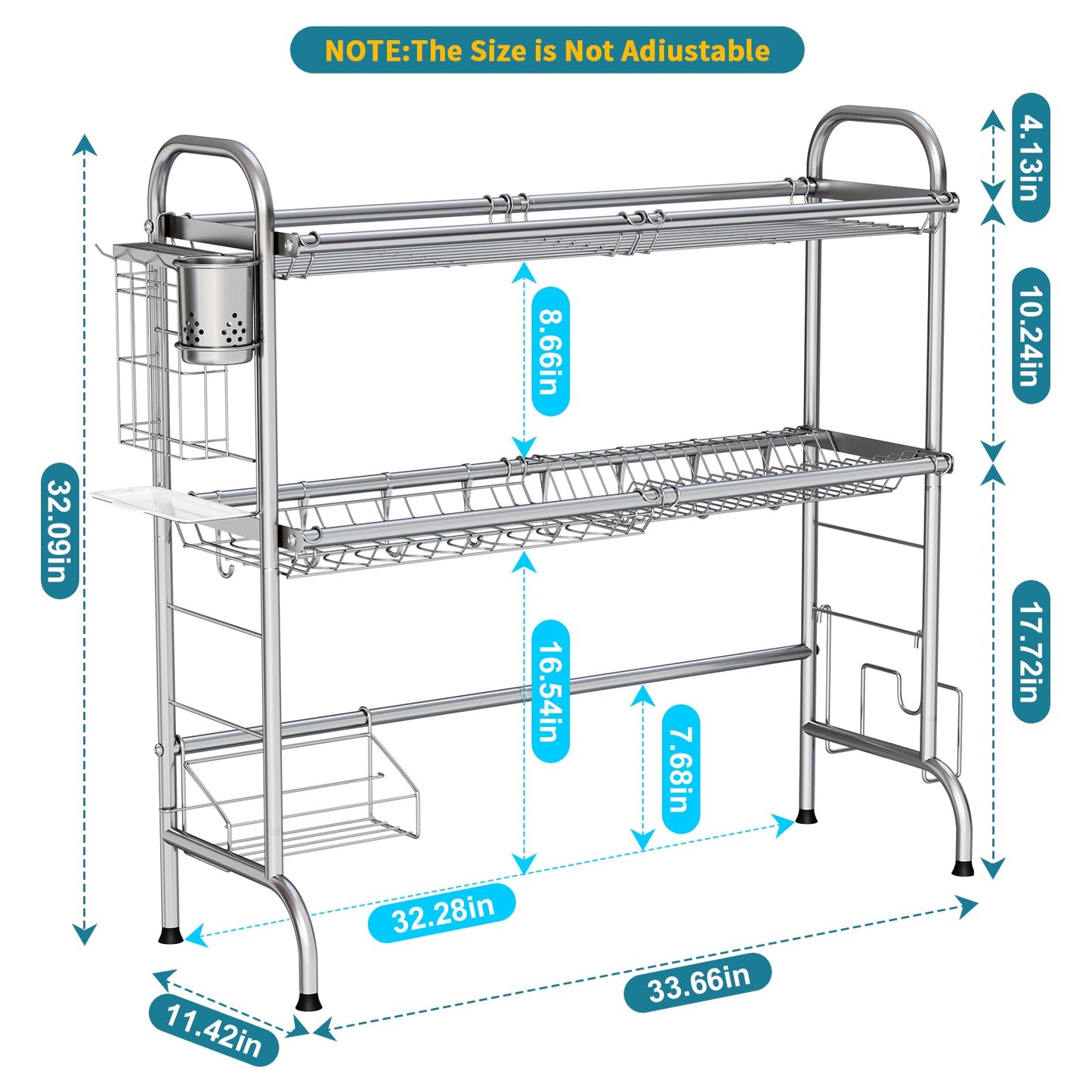 HOWDIA Stainless Steel 2-Tier Over The Sink Dish Drying Rack with Utensil Holder, Large, for Kitchen Counter
