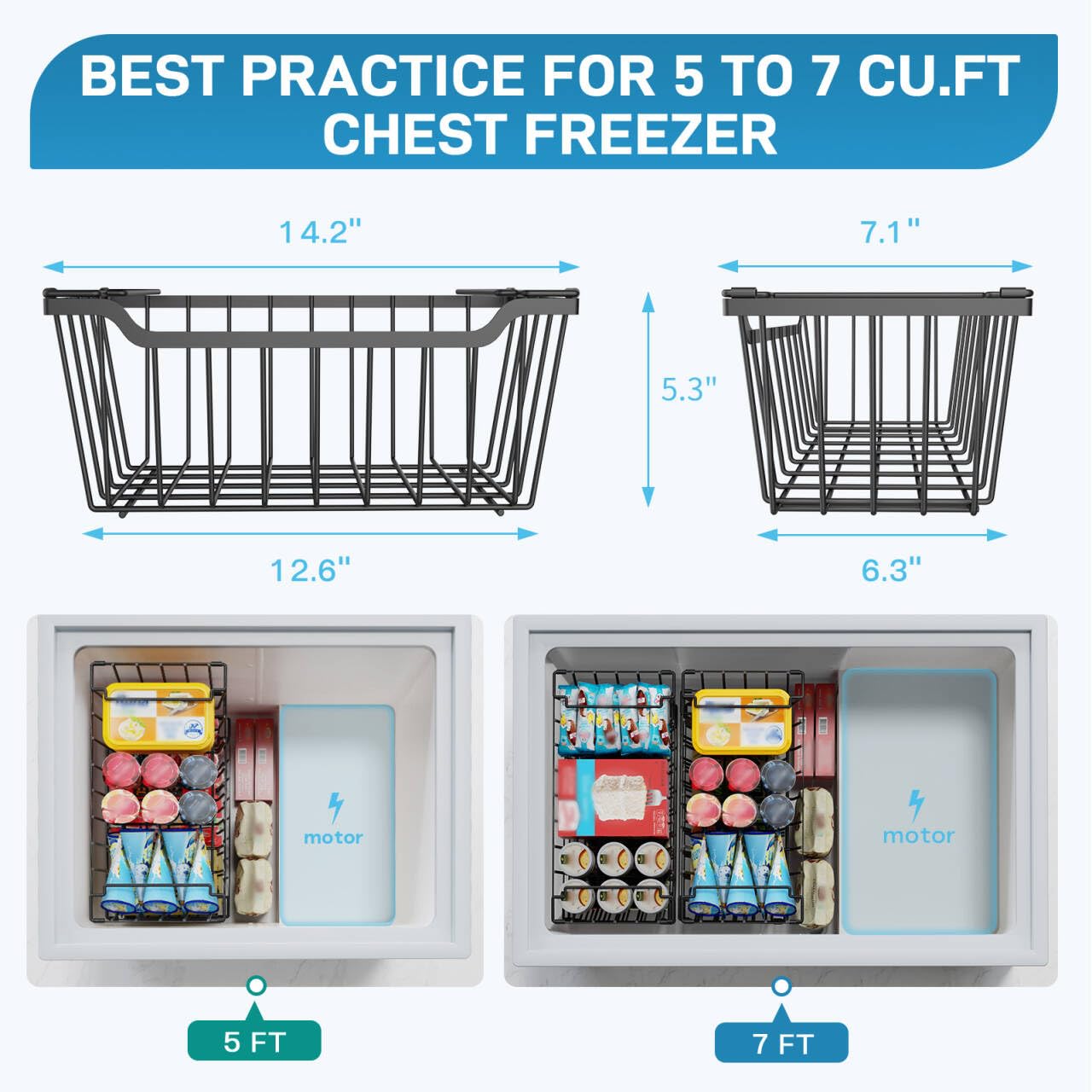SUNALLY Freezer Organizer Bins, 8 Pack Stackable Chest Freezer Organizer for 5-7 Cu.FT Deep Freezer Sort Frozen Meats and Food, Freezer Storage Baskets with Handles Easy Reach from Bottom, Black
