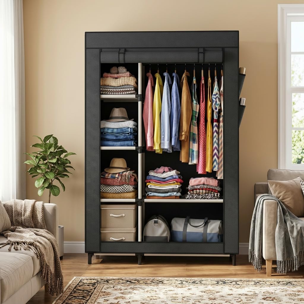 Calmootey Portable Closet Organizers, Clothing Storage, Wardrobe with 6 Shelves and Hanging Rod, Non-Woven Fabric Cover with 4 Side Pockets, Black