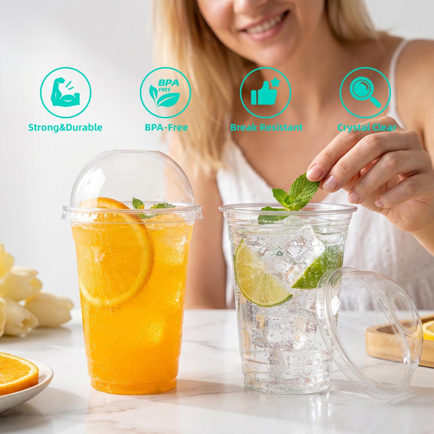 Lullaby 200Pack 16oz Clear Plastic Cups with Dome Lids, Disposable Smoothies Cups Suitable for Ice Cold Drinks Coffee Tea, Ideal for Parties, Holidays