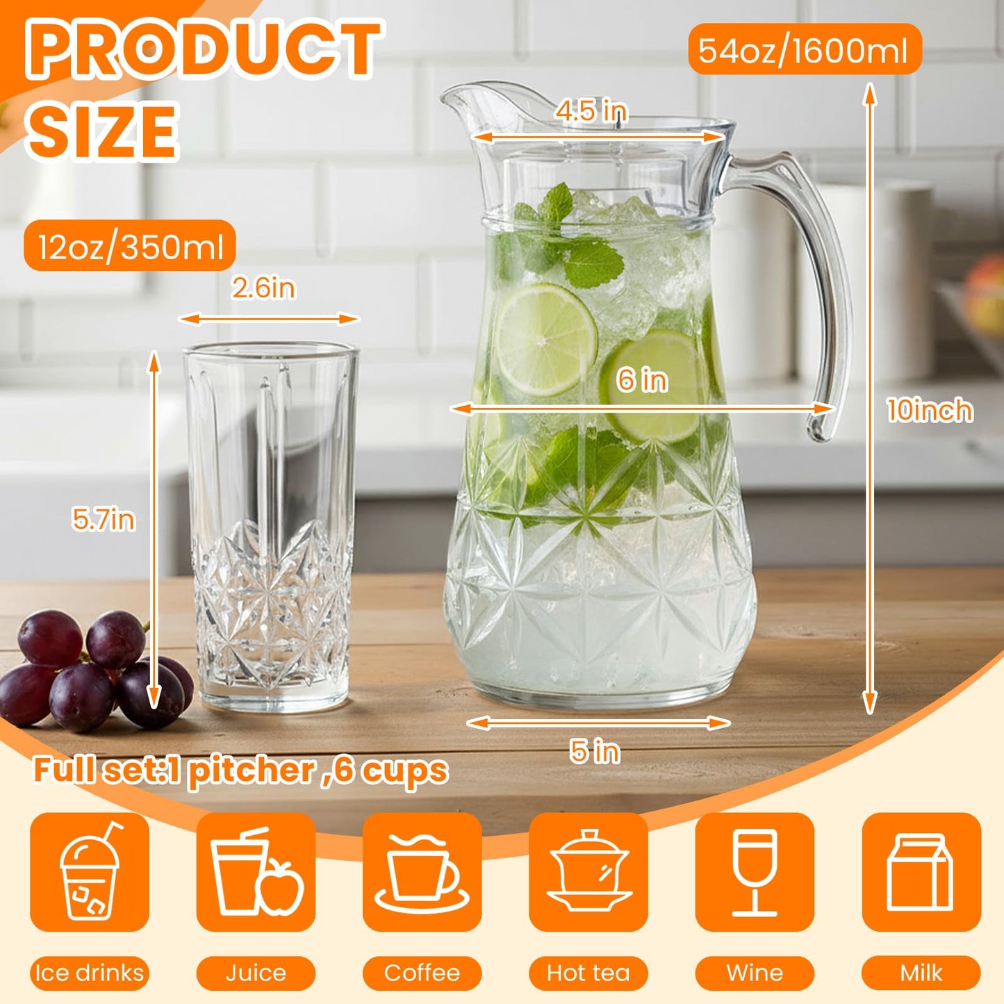LemonRoad 7 Pcs Glasses Pitcher Drinkware Set 54oz Pitcher Carafe and 6 Tall Drinking Beverage Set, Jug with Lid and Spout for Juice, Iced Tea or Water(Crystle Style)