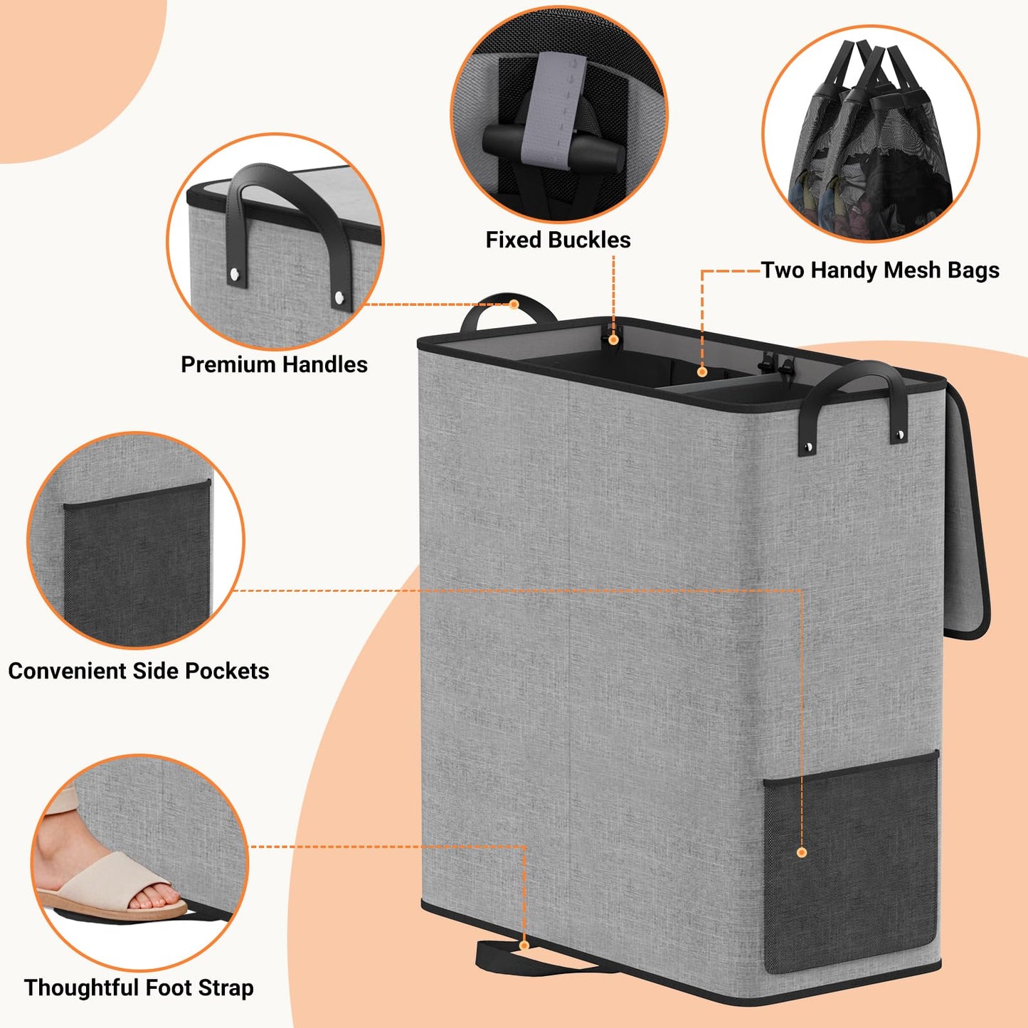 SmartTrends Large Double Laundry Hamper with Lid, Removable Bags & Reinforced Handles, 2 Section Tall Laundry Basket, Dirty Clothes Hampers for Laundry Room, Bedroom, Bathroom, Dorm, 136L, Gray