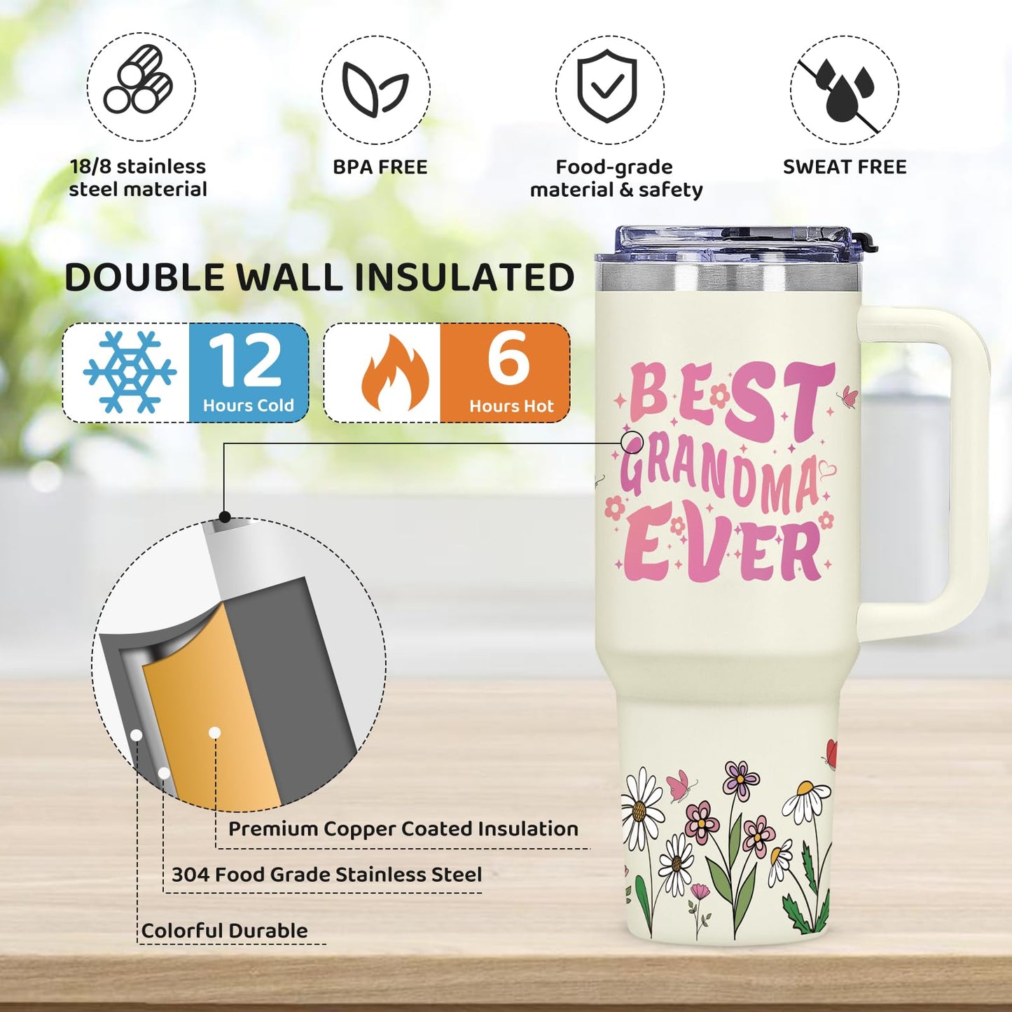 AiHeart Grandma Gifts,Gift for Grandmother,Birthday Gift for Grandmother,Mother's Day Gifts for Granny,40oz Double wall vacuum insulation Tumbler with Handle,Best Grandma Ever Tumbler
