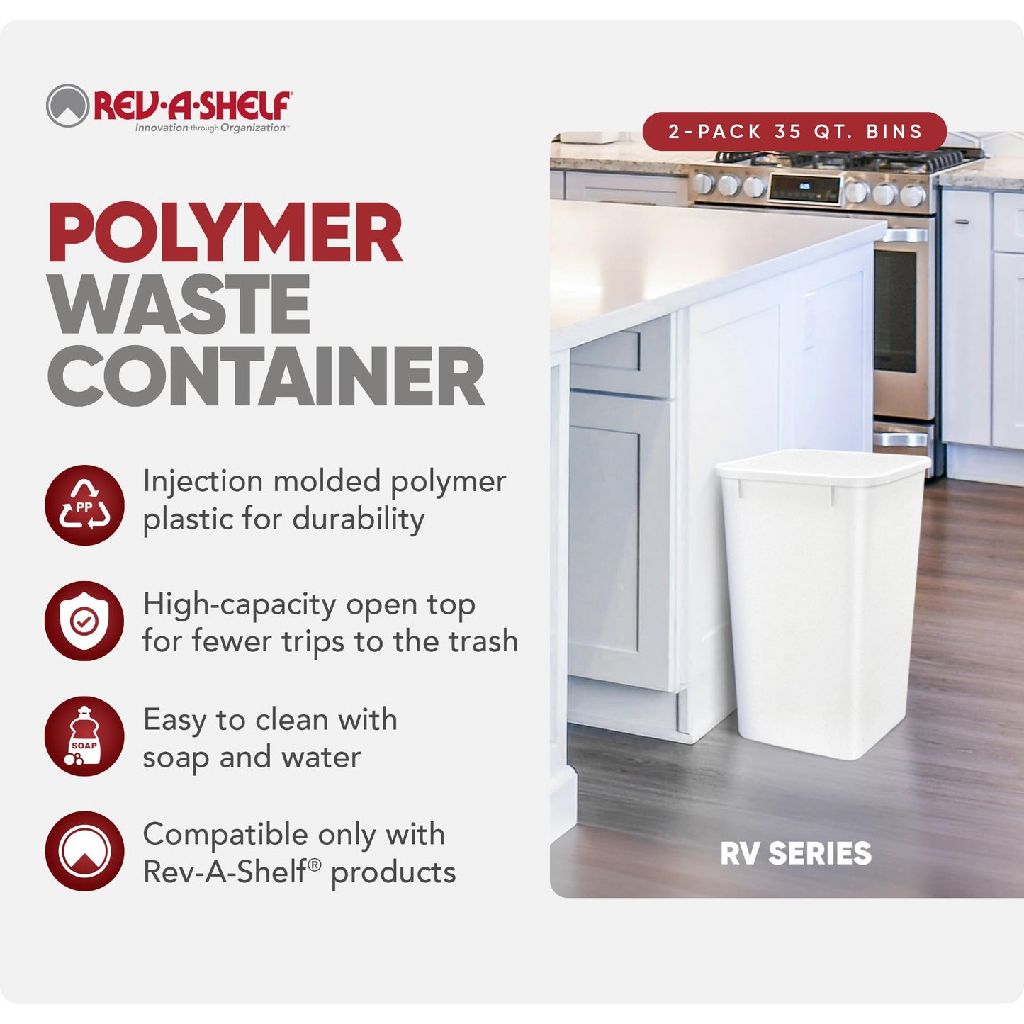 Rev-A-Shelf 2-Pack 35 Quart Polymer Replacement Trash Bin, Recycle Waste Garbage Container for Kitchen Cabinet Pullouts, White, RV-35-11-2 - Large Plastic Bins for Home and Office