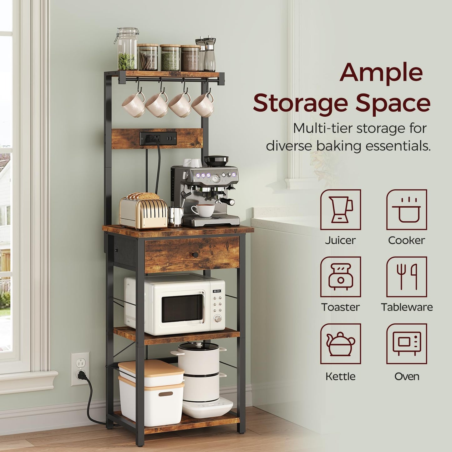 MAHANCRIS Bakers Rack with Drawer, Microwave Stand with Power Outlet, Coffee Bar Station with 4 Hooks, Kitchen Storage Shelf Rack 4 Tiers, for Kitchen, Dining Room, Rustic Brown and Black BRHR48E01