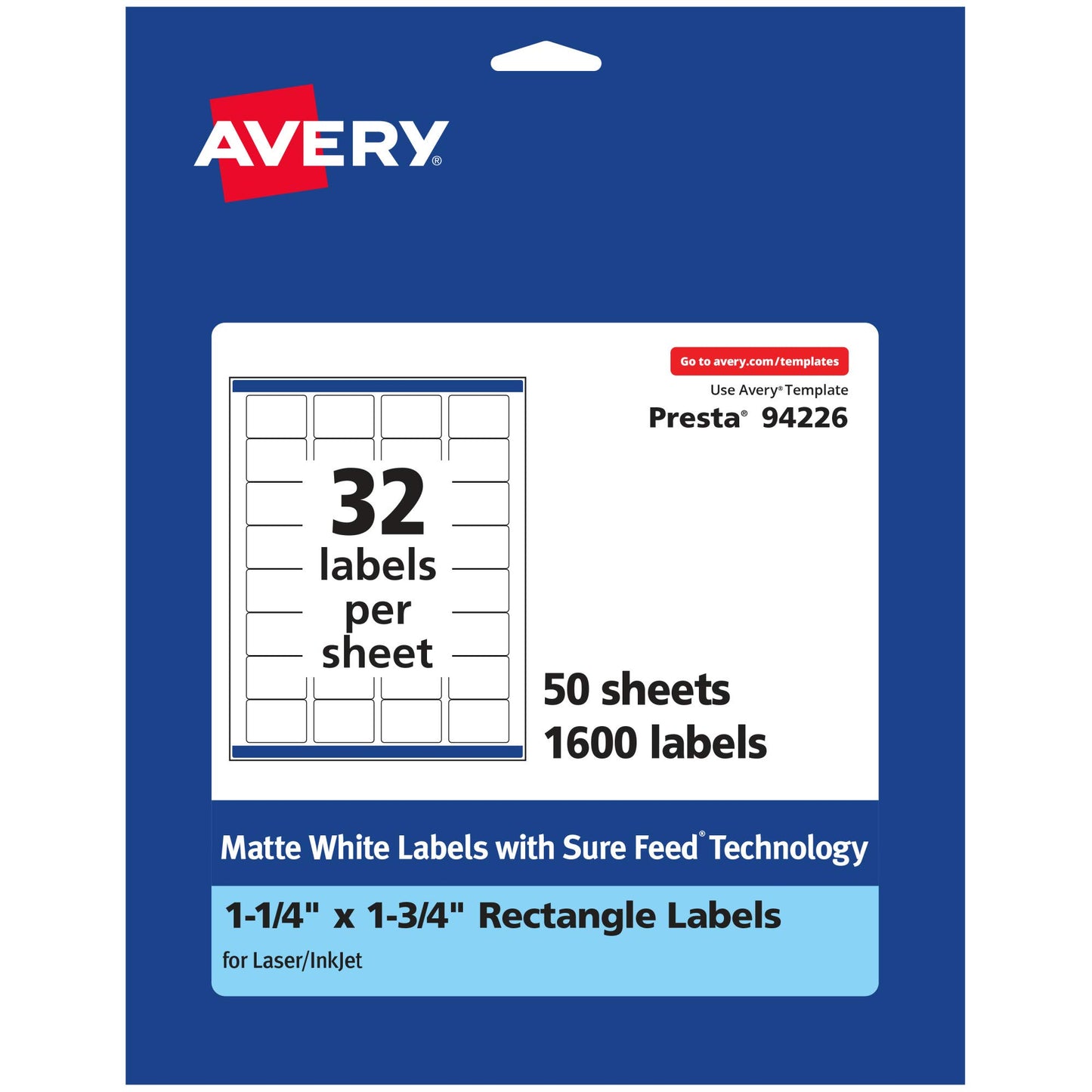 Avery Matte White Rectangle Labels, Sure Feed Technology, 1.25" x 1.75", 1,600 Matte White Printable Labels
