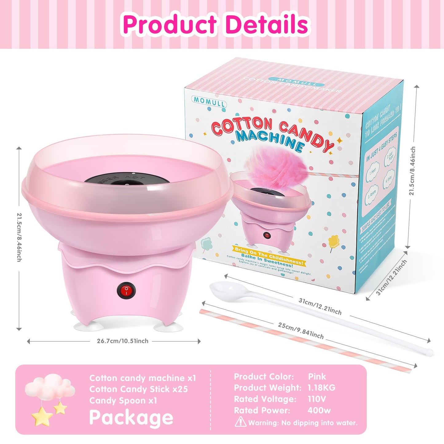 Cotton Candy Machine, Mini Cotton Candy Maker for Kids, Pink Vintage Candy Maker for Christmas Gift, Home, Birthday Family Party, Includes 20 Cotton Candy Sticks & Sugar Scoop