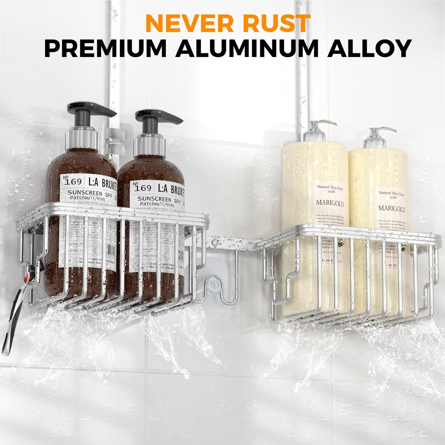 REINHARDT Aluminum Shower Caddy Hanging Adjustable Shower Caddy, Rustproof Hanging Shower Organizer with Hooks Soap Holders, Over Shower Head Caddy for Handheld Showerhead, Silver