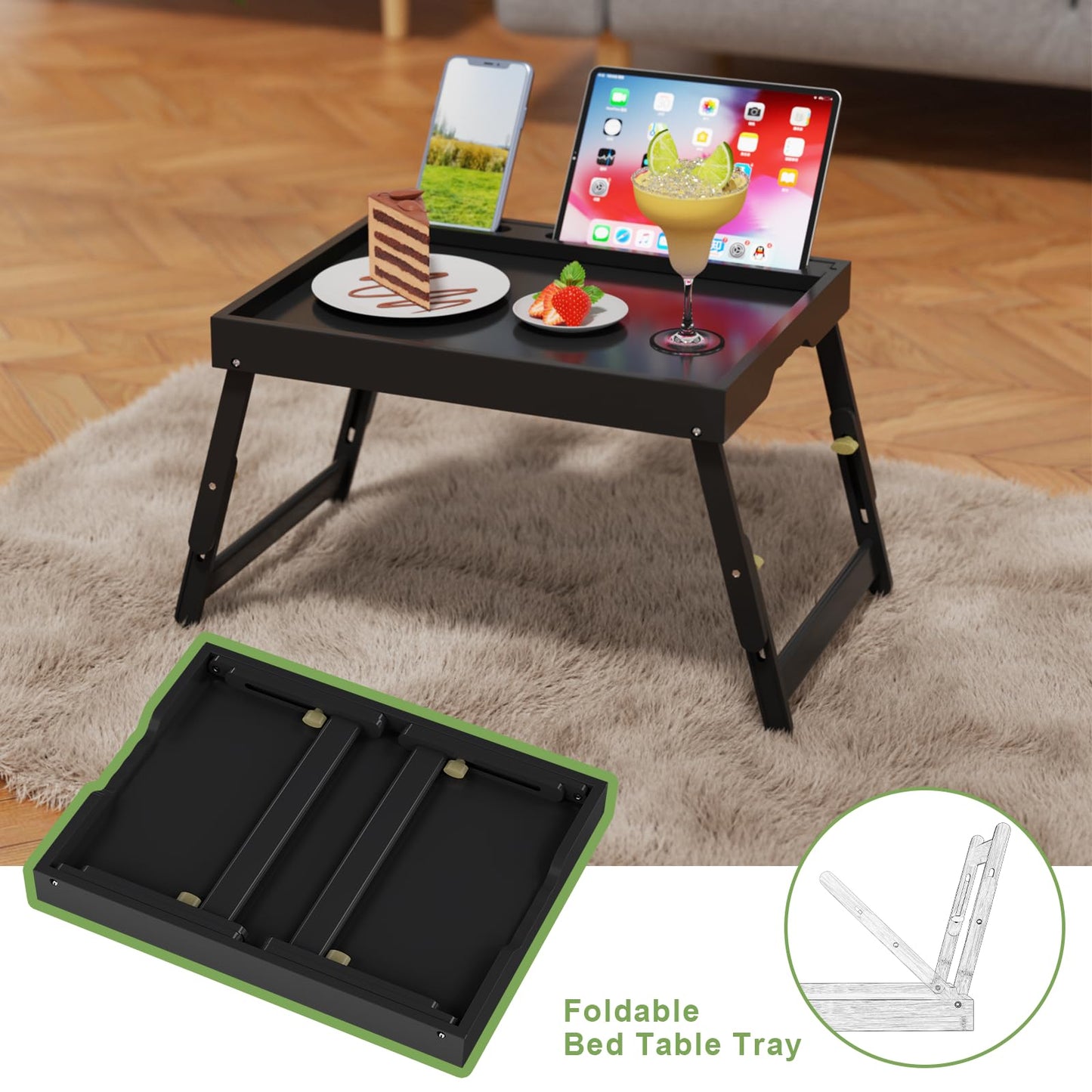 Artmeer Bed Tray Table with Folding Legs, Bamboo Breakfast Food Tray with Media Slot, Use As Platter, Laptop Desk, Snack, TV Tray Kitchen Serving Tray (Black Large Adjustable Legs)