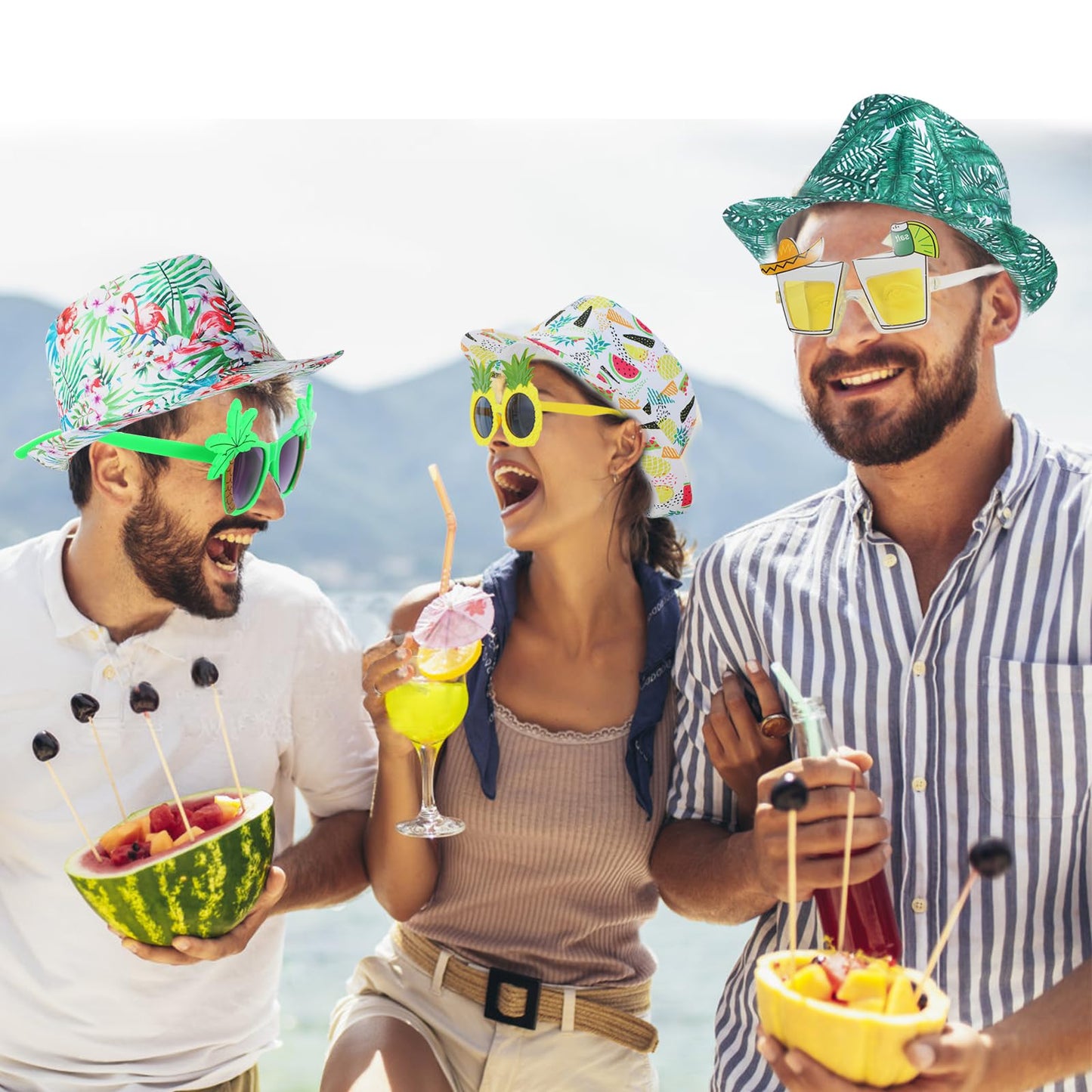 NICOWARM 6pcs Luau Fedora Hats, 6pcs Luau Party Sunglasses for Adults, with Luau Patterned includeing Flamingo, Pineapple, Photo Booth Props for Summer, Beach, Luau, Pool, Hawaiian Themed Parties