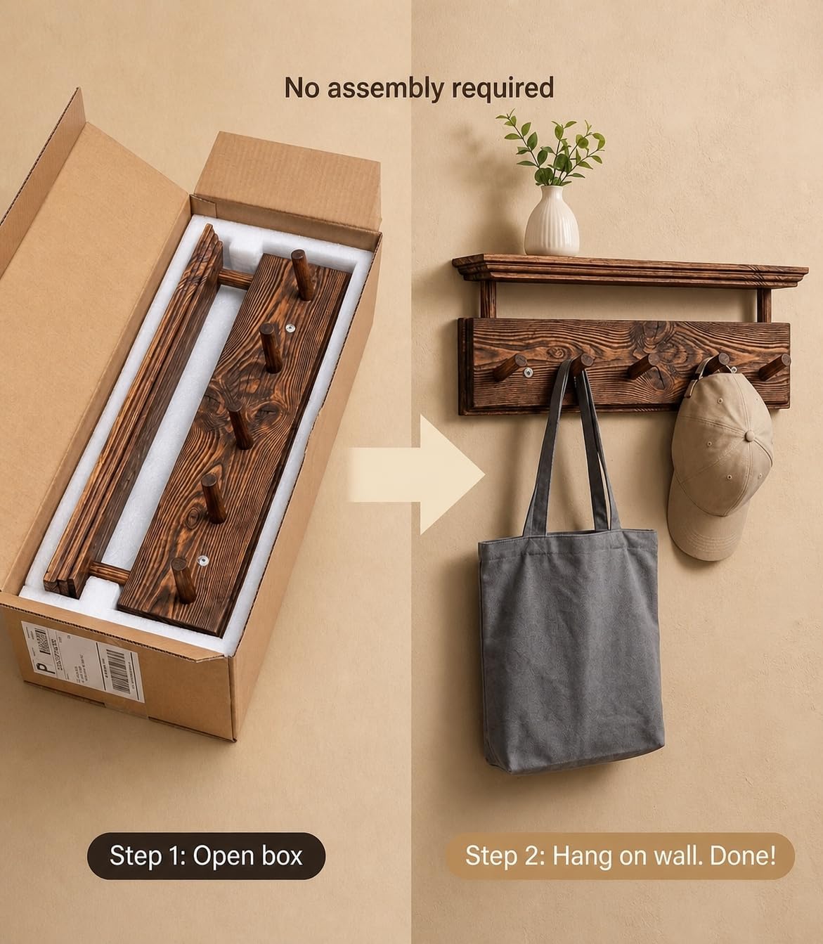 Matías Coat Rack Wall Mount with Shelf, 18 Inch Solid Wood Peg Rail, Wall Mounted Coat Rack with 5 Hooks, Wall Mount Shelf for Entryway, Bathroom or Bedroom (Walnut)
