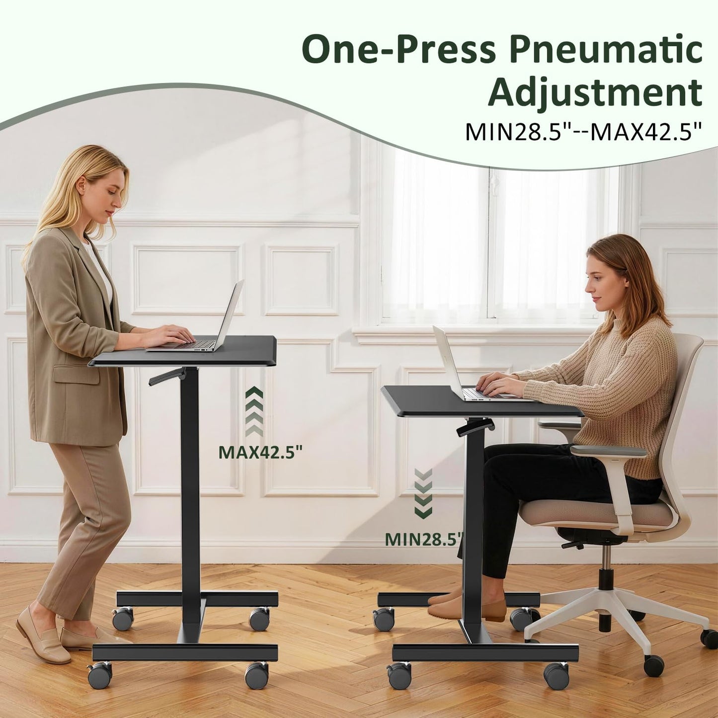 SageNest Adjustable Mobile Standing Desk, Rolling Sit-Stand Laptop Desk with Locking Wheels, Compact Portable Computer Table for Home Office or Dorm, Black