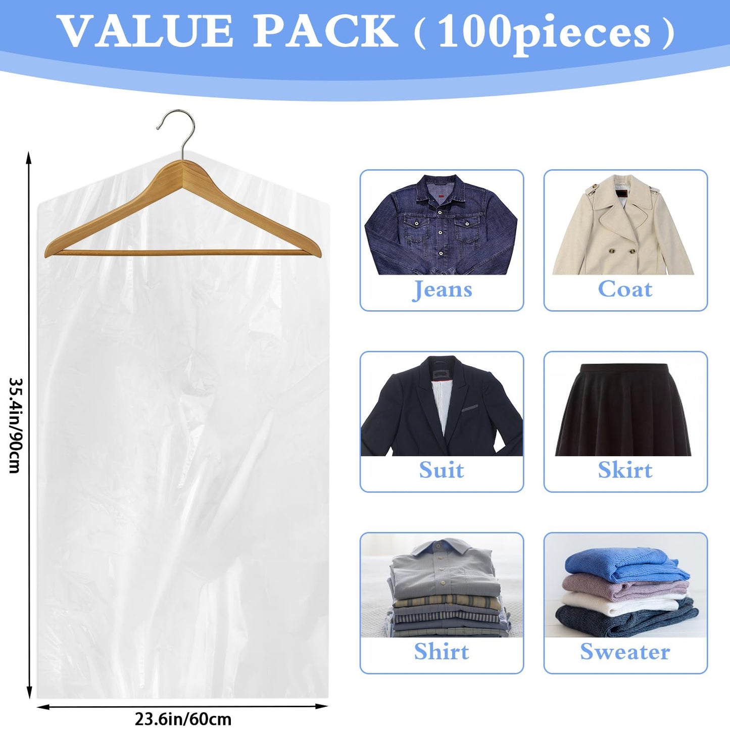 AYZTKUX 100 Pack Dry Cleaning Plastic Bags, Dry Cleaners Bags for Clothes, Clothes Covers for Home Storage, Travel, Moving (35.4 x 23.6 In)