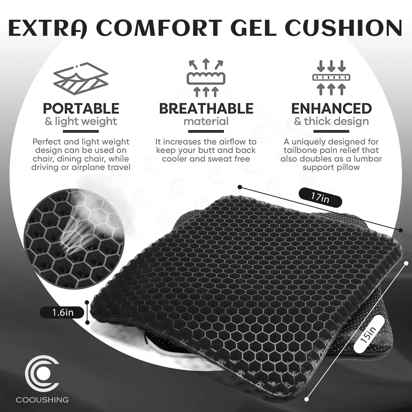 Cooushing Gel Seat Cushion, for Long Sitting -Double Thick Gel Seat Cushion Breathable Honeycomb Chair Cushion with Non-Slip Cover for Office Chair Car, Wheelchair, Long Trips,Relief Sciatica Pain