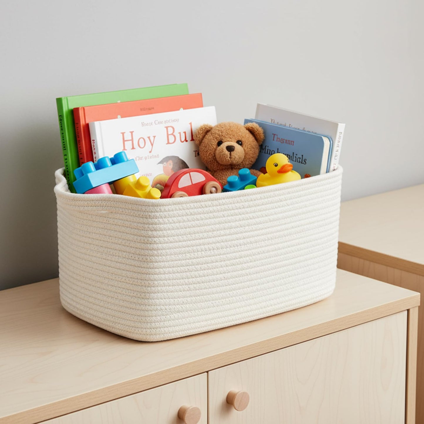 R RUNKA Cotton Rope Basket Set of 3 (15"x10.2"x9.1") - Rectangle Storage Bins - Versatile Toy Storage Organizer - Perfect for Kids, Dog Toys, Books, Shelves - White