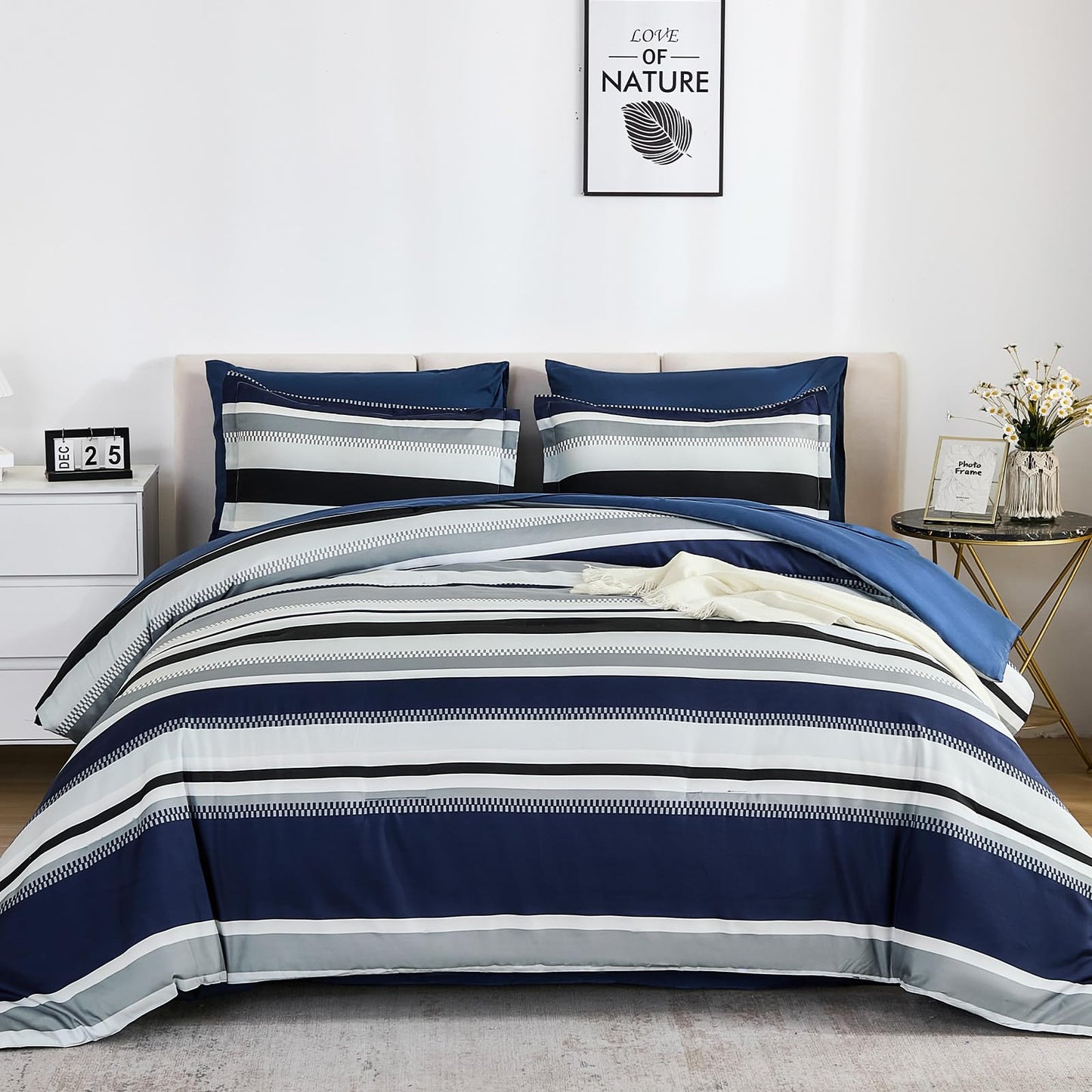 WONGS BEDDING Queen Comforter Set, 7 Pieces Navy Blue Comforter Set Queen Size, Soft Striped Bed in a Bag Bedding Set with Comforter, Flat Sheet, Fitted Sheet, Pillow Shams, Pillowcase