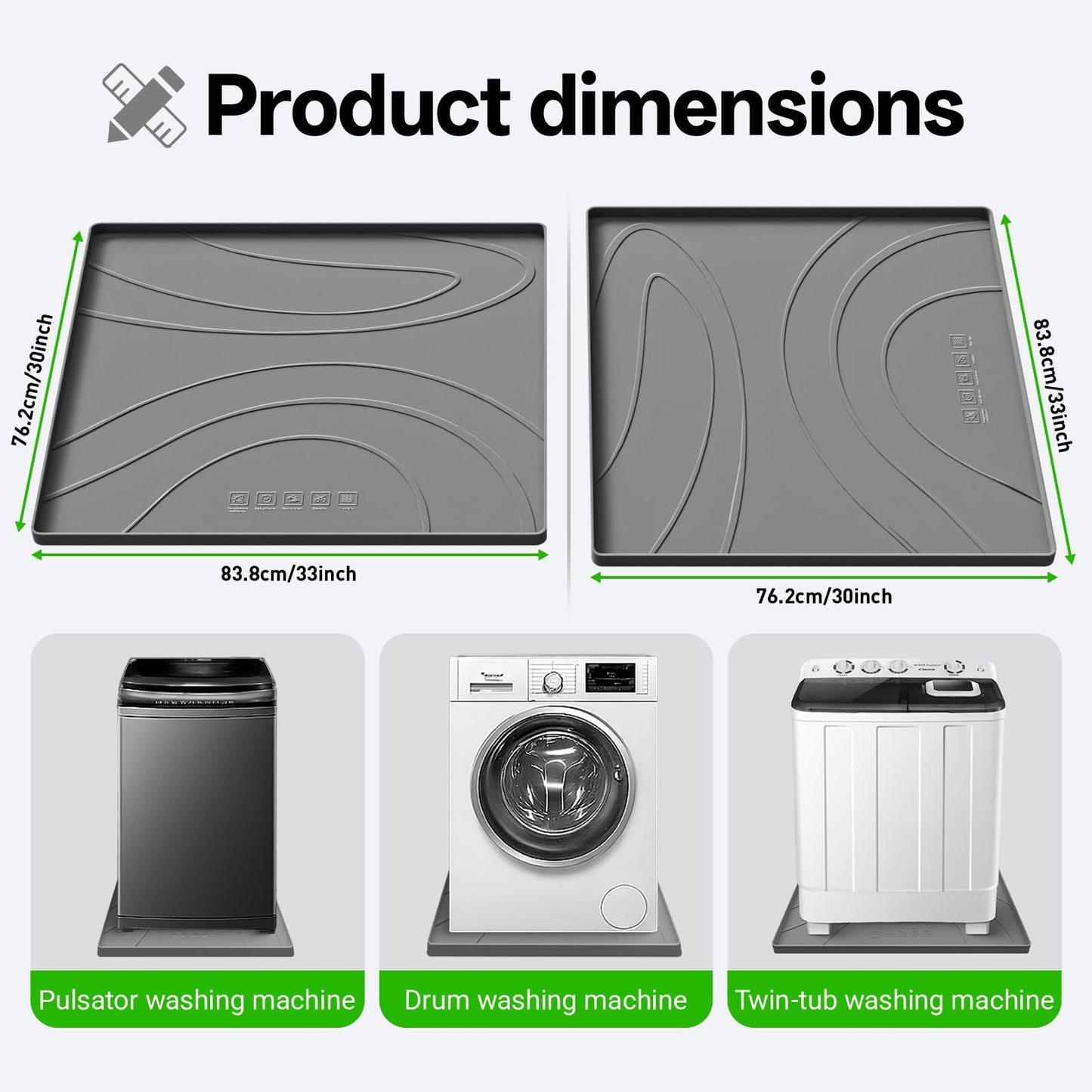 Washing Machine Drain Pan Silicone mat – 30x33 Inch Non-Slip Waterproof Washer Drip Tray, Anti-Vibration Soft Mat for Under Dryer or Washer, Floor Leak Protector for Laundry Room
