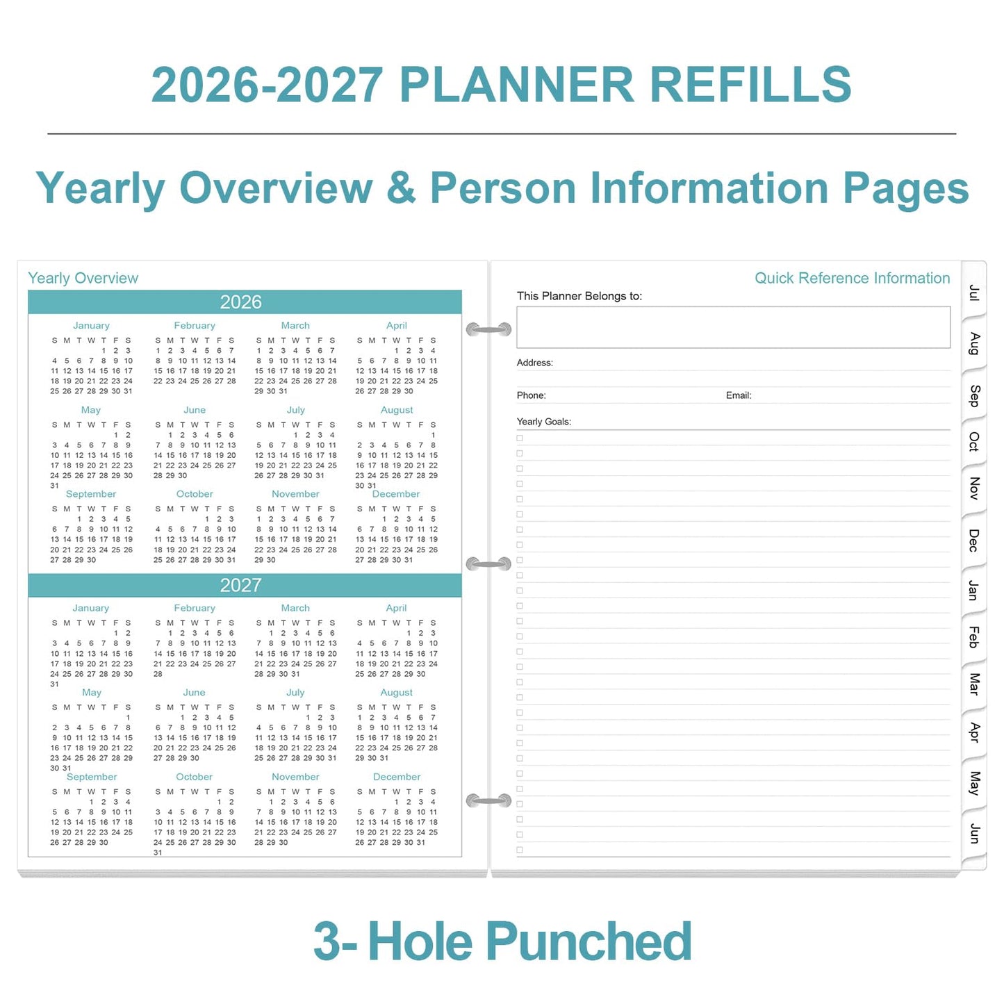 2026-2027 Planner Refill - One Page Per Day, 3-Hole Daily ＆ Monthly Planner Refills, July 2026 - June 2027, 8.5" x 11"