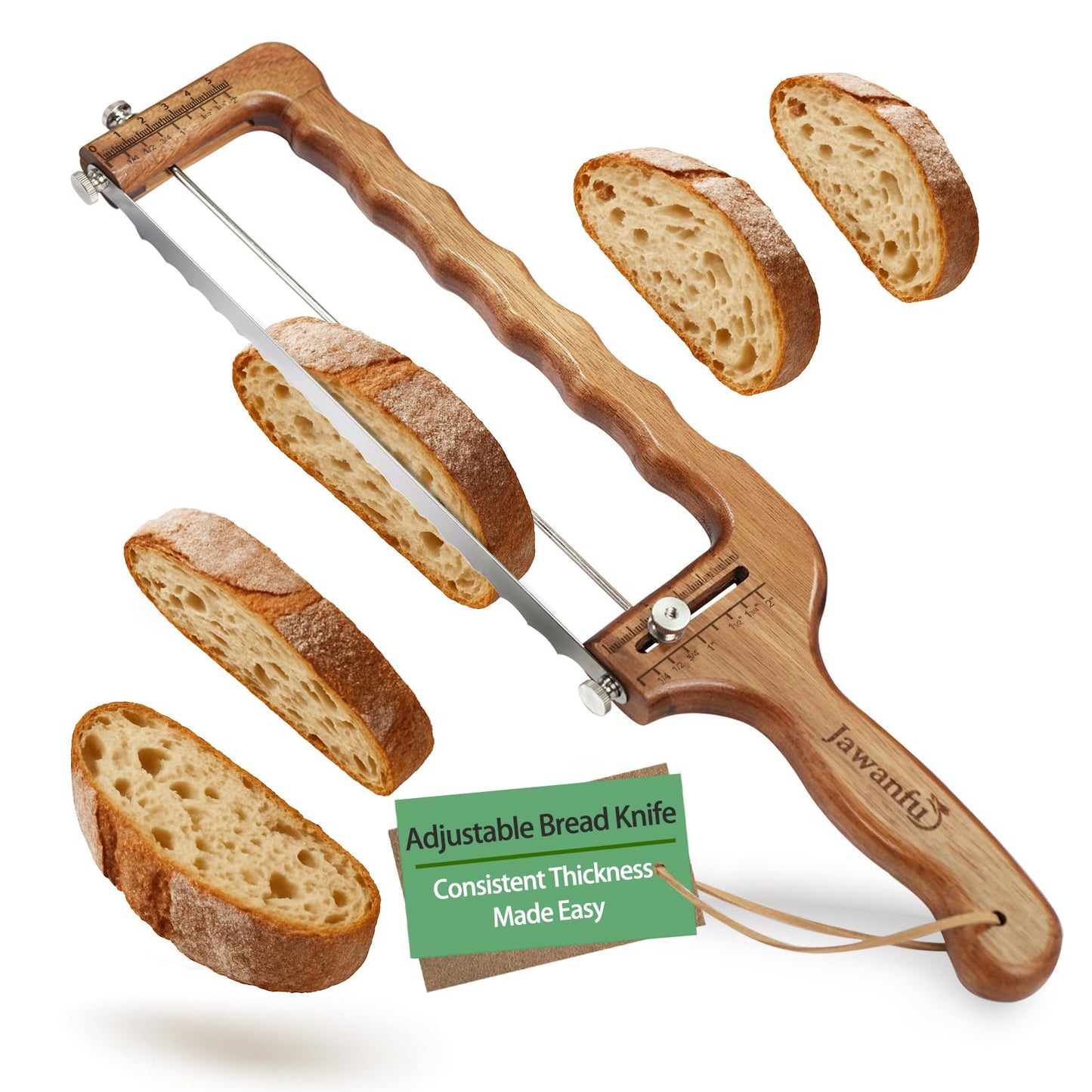 Adjustable Bread Slicer for Sourdough — Precision Homemade Bread Knife with Thickness Guide, Sharp Stainless Serrated Blade, Wooden Frame, Bread Cutter for Baguettes, Gift for Bakers, Mother's Day