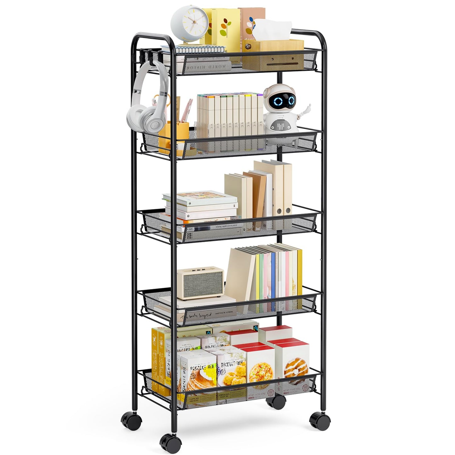 TOOLF 5-Tier Metal Utility Cart with 3 Hooks, Easy Assemble Mobile Storage Trolley On Wheels, Metal Shelving Units Kitchen Bathroom Laundry Room