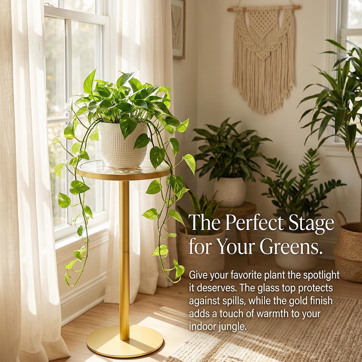 ZEXVIDA Gold Drink Table, Indoor Outdoor Small Round Side Table with Tempered Glass Top & Scroll Design, 24.7" Metal Pedestal End Table for Living Room, Patio, Small Spaces, Weather Resistant