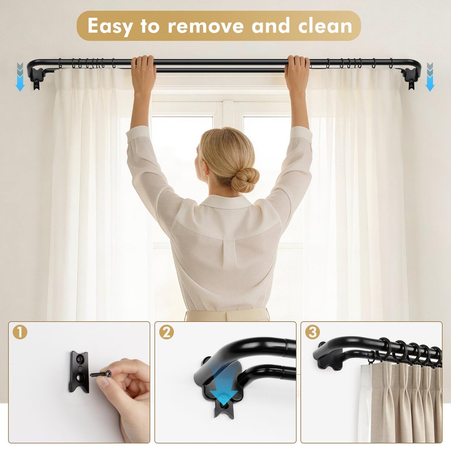 USFOOK 2 Pack Black Wrap Around Double Curtain Rods Set, Blackout Dual Curtain Rods for Windows 32 to 58 Inch, 6/8 Inch Room Darkening Curtain Rod, Decorative Drapery Rods for Home, Metal