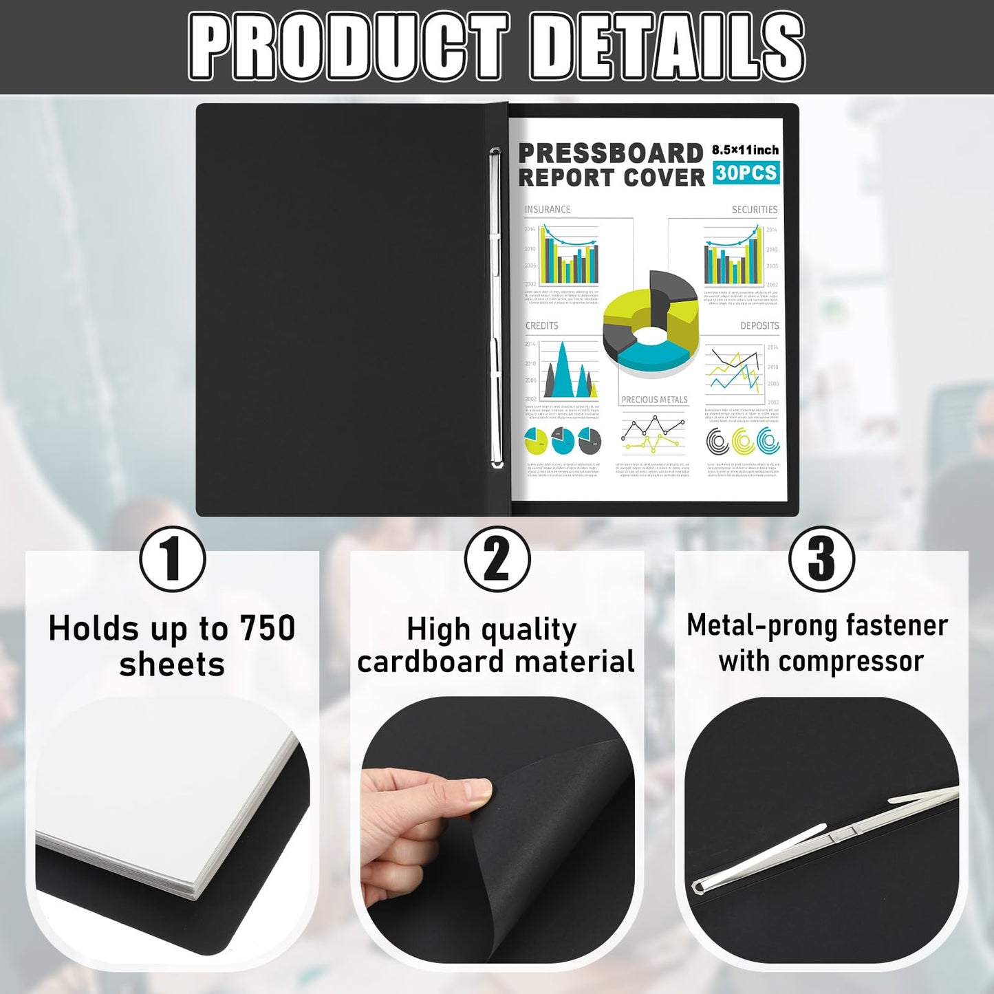 Dunzoom 30 Pcs 8.5'' x 11'' Pressboard Report Cover, 3'' Capacity Metal Prong Fastener with Compressor, Letter Size, Presentation Folder to Neatly Bind Report, Proposal Document (Black)