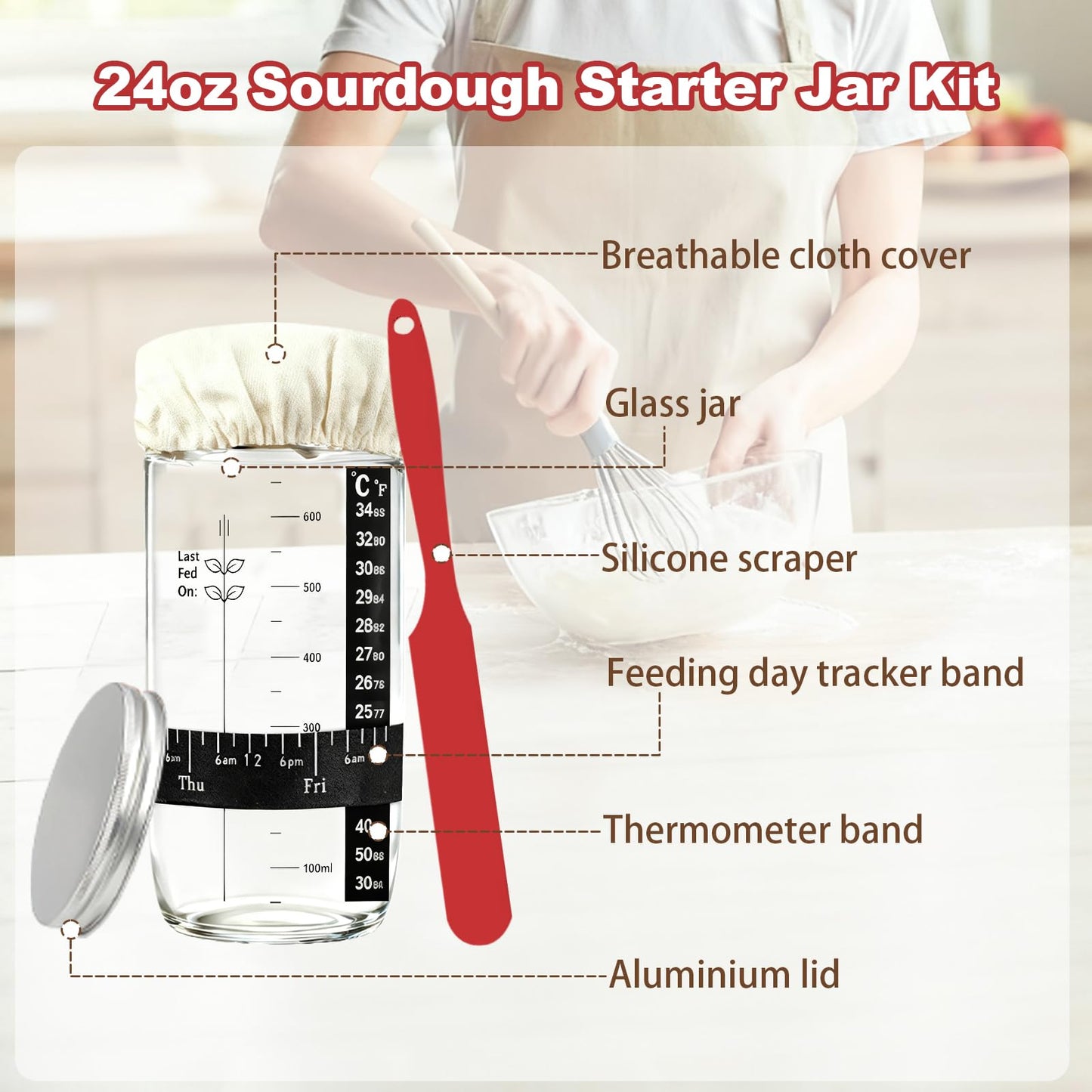 Sourdough Starter Kit with Warmer, Glass Jar and Banneton Bread Proofing Basket - Complete Sourdough Bread Baking Supplies, Sour Dough Making Essentials Tools, Gift for Bakers Beiginner Women Wife Mom
