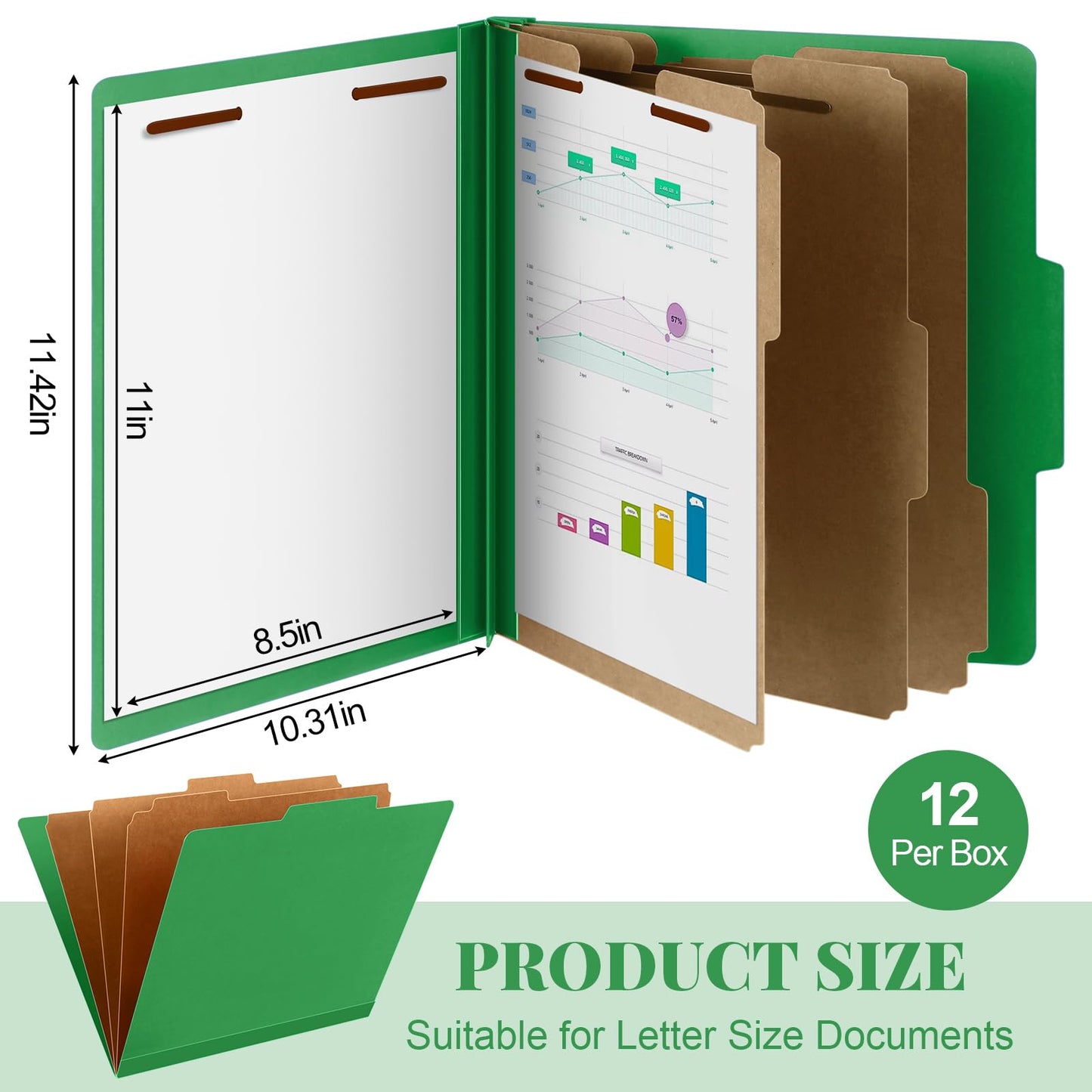 Skyygemm 12 Pcs Classification Folders Letter Size, 3 Divider Pressboard File Folder with Fasteners, Expanding File Organizer Bulk for School Teachers, Office Employee, Coworker, Staff (Green)