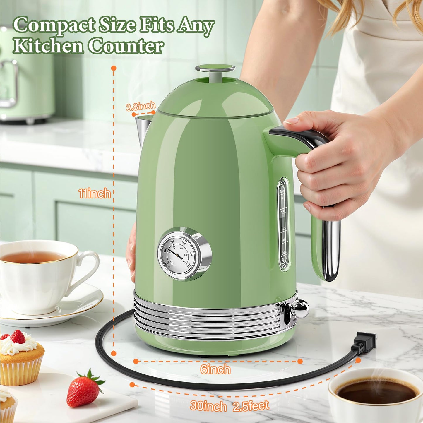 BlissWhisper 1.7L Electric Tea Kettle with Thermometer, 1500W Retro Stainless Steel Hot Water Kettle,Fast Boil Cordless Electric Kettle,Auto Shut-Off & Boil-Dry Protection