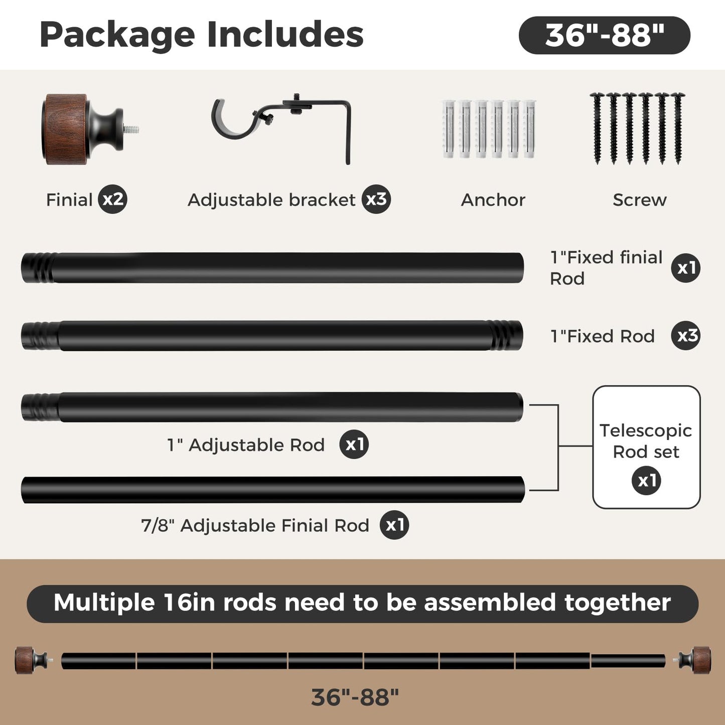 Wood Curtain Rods for Windows 48 to 84 Inch, 1” Diameter Decorative Drapery Rod with Imitation Wood Grain Finials, Adjustable Heavy Duty Curtain Rod, Indoor/Outdoor Modern Curtains Rods, 2 Pack