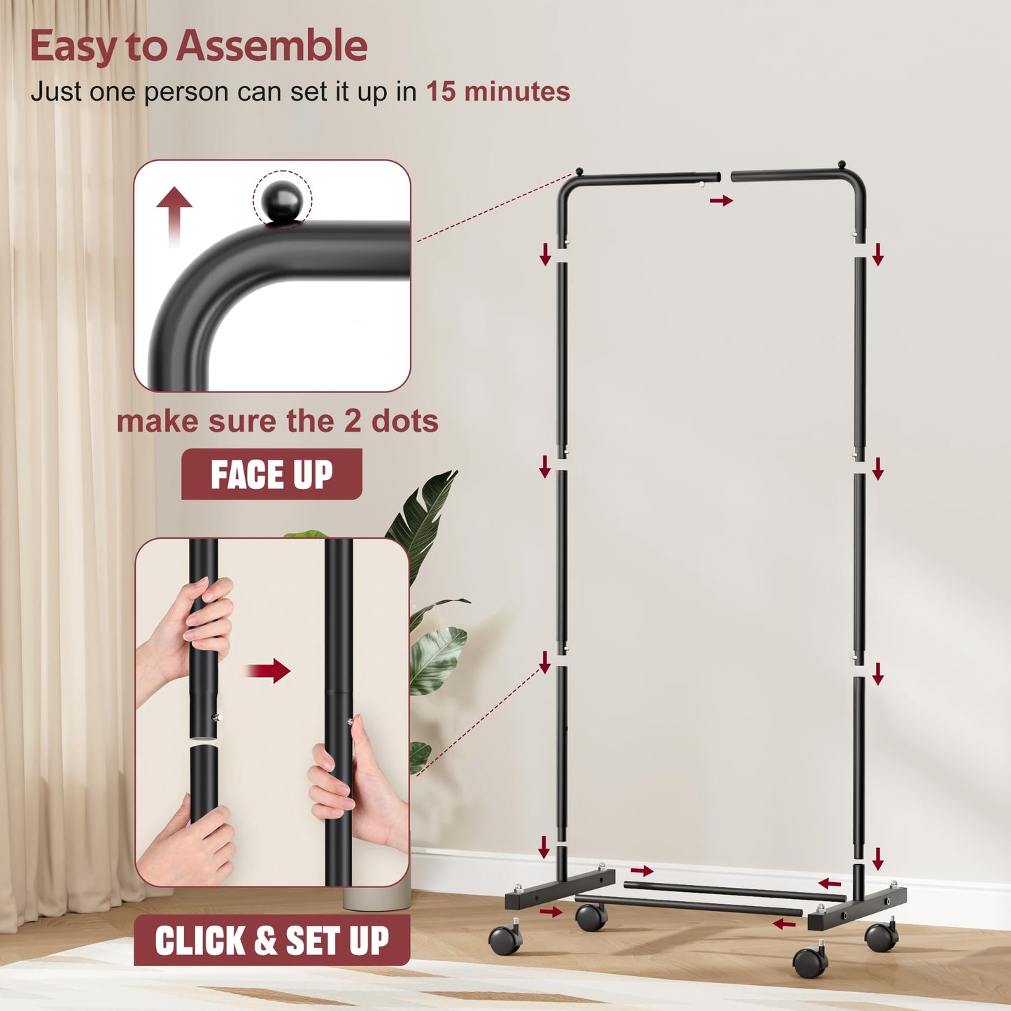 KIMBORA Small Clothing Rack with Wheels, Portable Clothes Racks for Hanging Clothes, 56" Metal Rolling Garment Rack for Coats, Jackets, and Shirts, Black